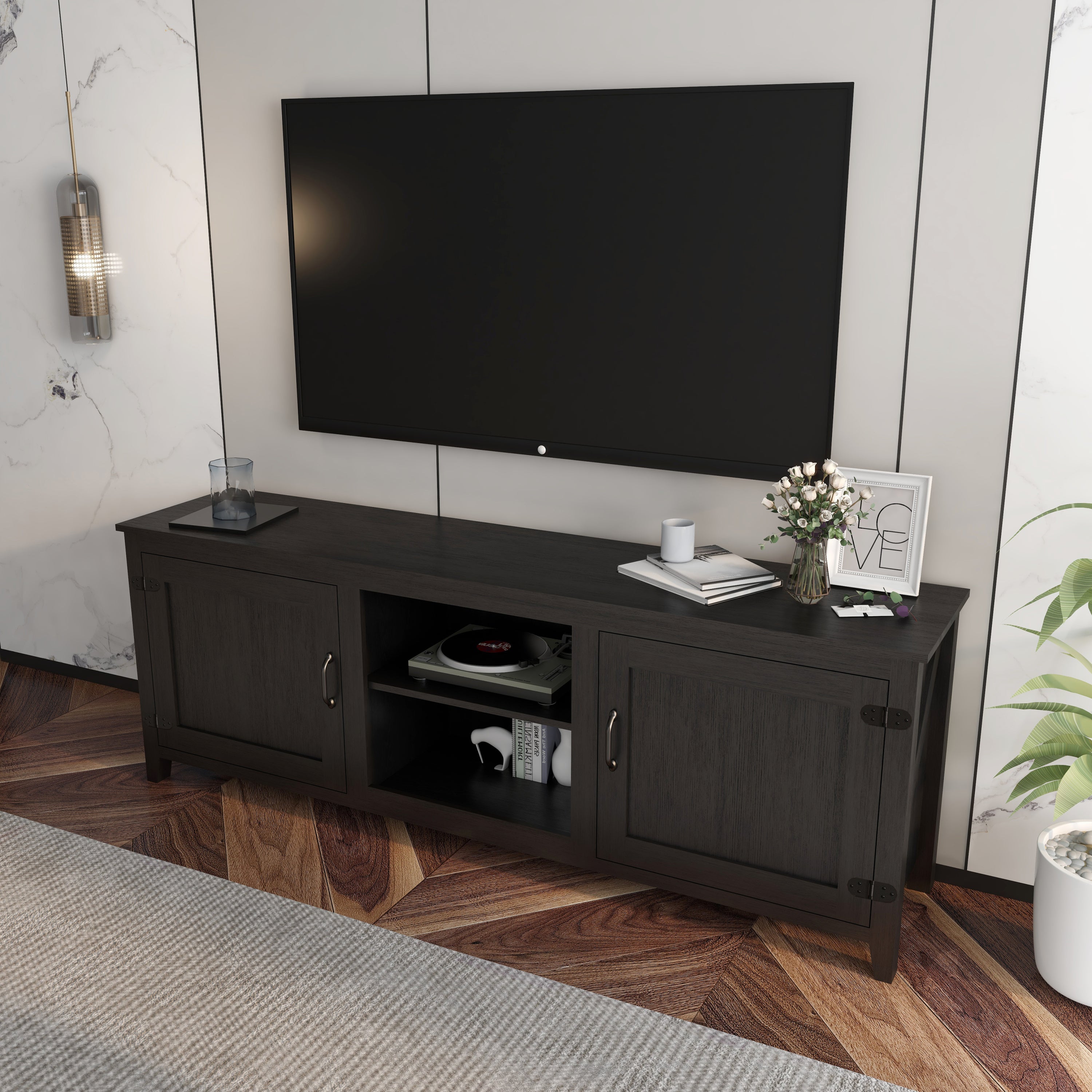 HAOYYE TV Stand Storage Media Console Entertainment Center,Tradition Black,with doors Sturdy Space-Saving Heavy Duty Modern Design Adults Dorm Room Easy Assembly Bedroom Furniture