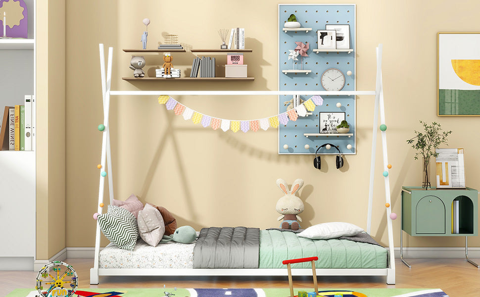 HAOYYE Metal Twin Size House Platform Bed with Triangle Structure, White Sturdy Space-Saving Heavy Duty Modern Design Adults Dorm Room Easy Assembly Bedroom Furniture