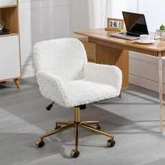 HAOYYE Artificial Rabbit Hair Home Office Chair With Golden Metal Base, Adjustable Swivel Desk Chair, Modern Beige Vanity Chair, Sturdy Space-Saving Heavy Duty Design