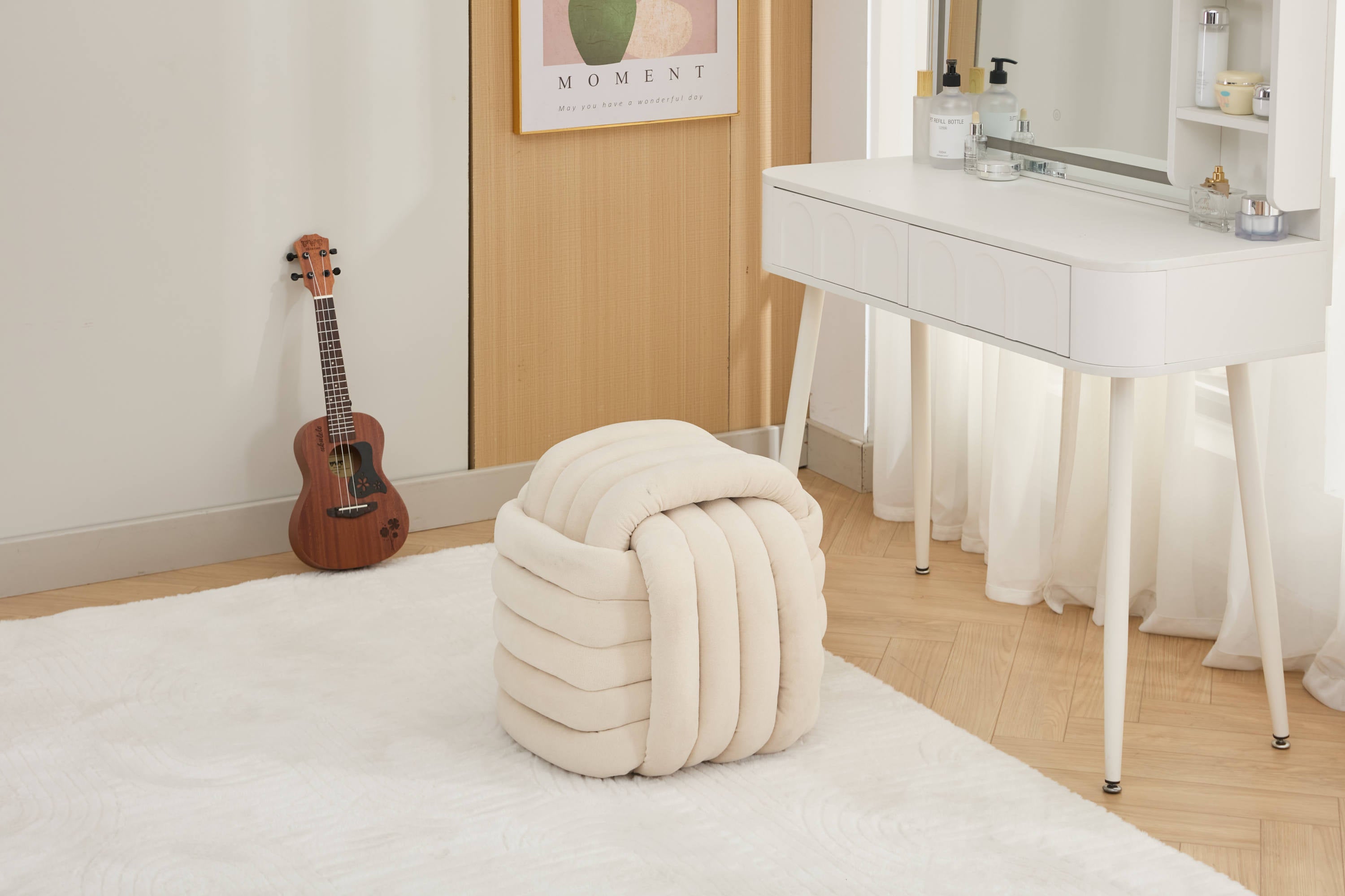 Haoyye Chenille Fabric Knot Design Ottoman Footstool Makeup Stool, Comfortable and Stylish Seat, Modern Upholstered Chair for Living Room or Bedroom, Beige, Sturdy and Space-Saving Furniture