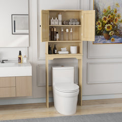 HAOYYE Over The Toilet Storage Cabinet With Adjustable Shelves And Open Storage Shelf, Bathroom Organizer With Two Rattan Doors, Natural Wood Finish, Space-Saving Bathroom Storage Solution For Towels, Toiletries, And More