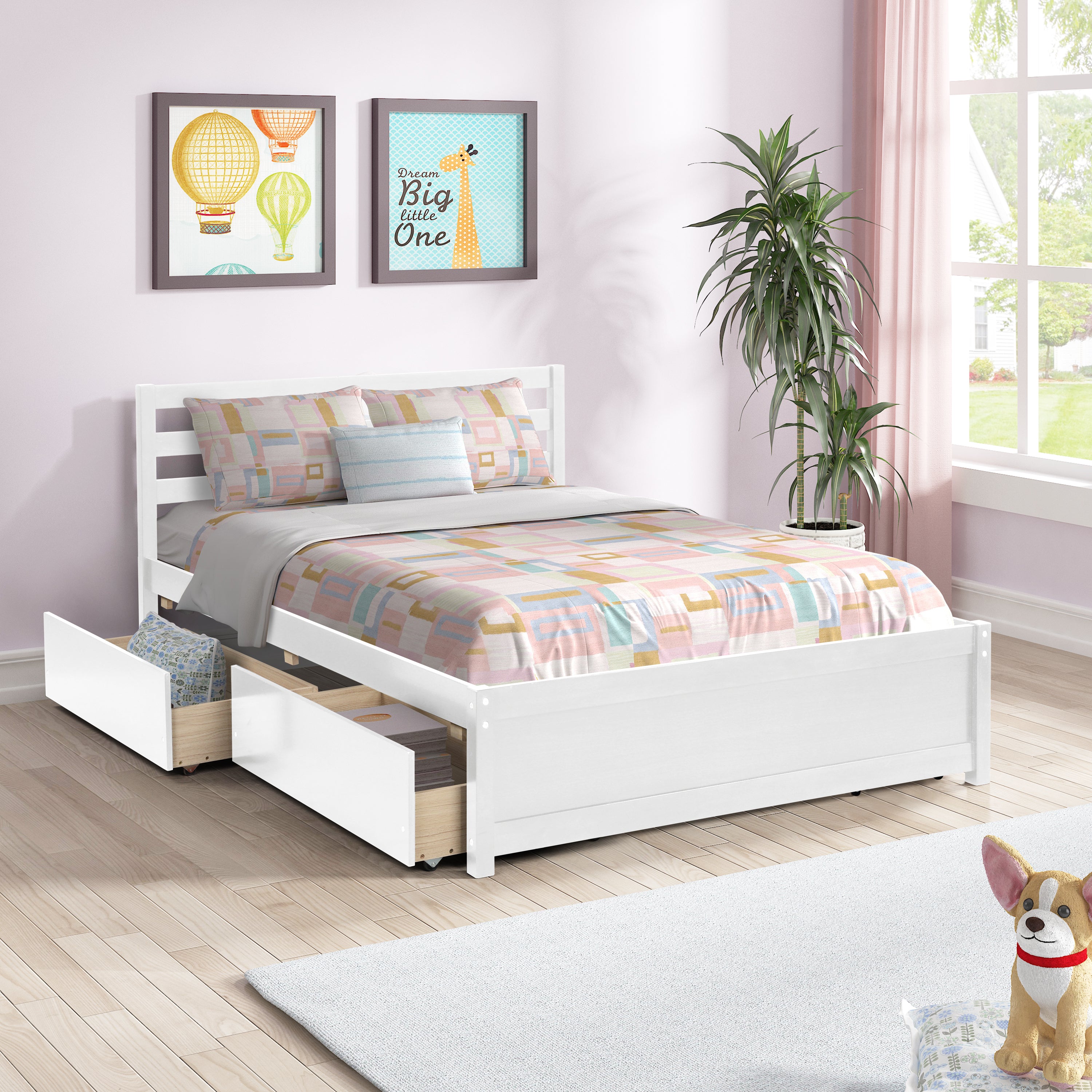 HAOYYE Full Size Wood Platform Bed Frame with 4 Storage Drawers and Headboard of White Color for All Ages Sturdy Space-Saving Heavy Duty Modern Design Adults Dorm Room Easy Assembly Bedroom Furniture