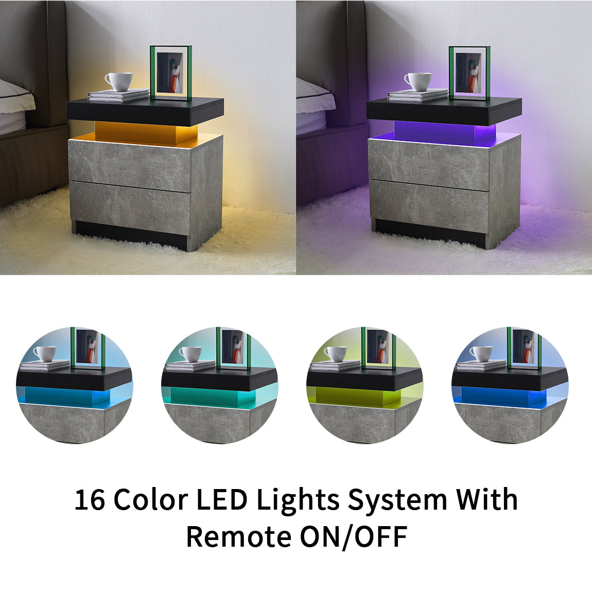 HAOYYE LED Nightstand with Cabinet Lights, Modern Bedside Table with 2 Drawers for Bedroom, Stylish End Table, Sturdy and Space-Saving Design, Heavy-Duty Construction, Easy Assembly, Ideal for Adults and Dorm Rooms