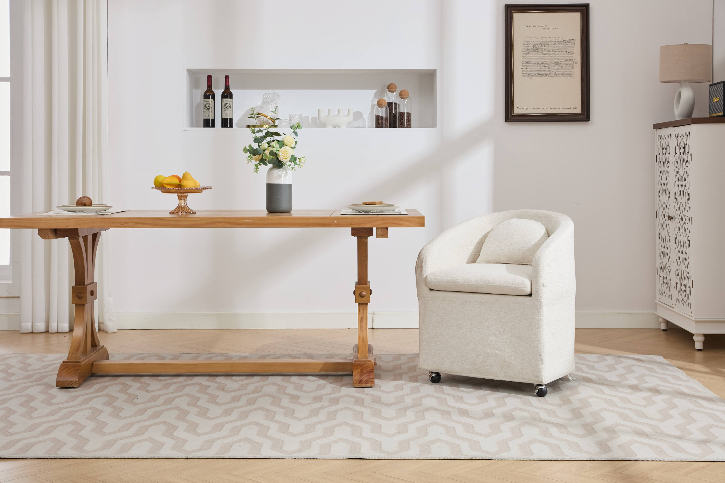 HAOYYE 059-Set of 1 Chenille Fabric Dining Armchair With Back Cushion and Universal Wheels,Beige Sturdy Space-Saving Heavy Duty Modern Design Adults Dorm Room Easy Assembly Bedroom Furniture