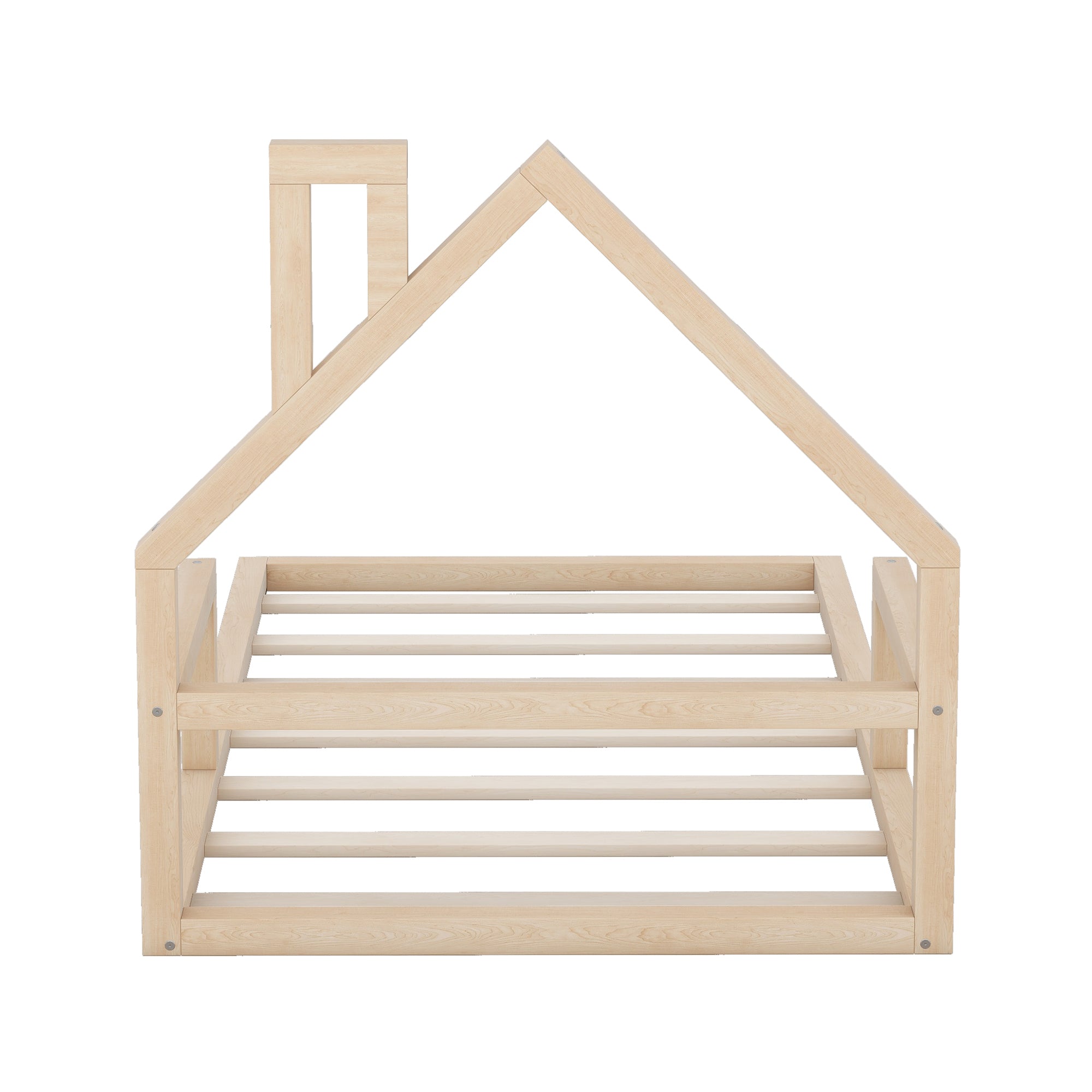 HAOYYE Twin Size Wood Floor Bed with House-shaped Headboard, Natural Sturdy Space-Saving Heavy Duty Modern Design Adults Dorm Room Easy Assembly Bedroom Furniture
