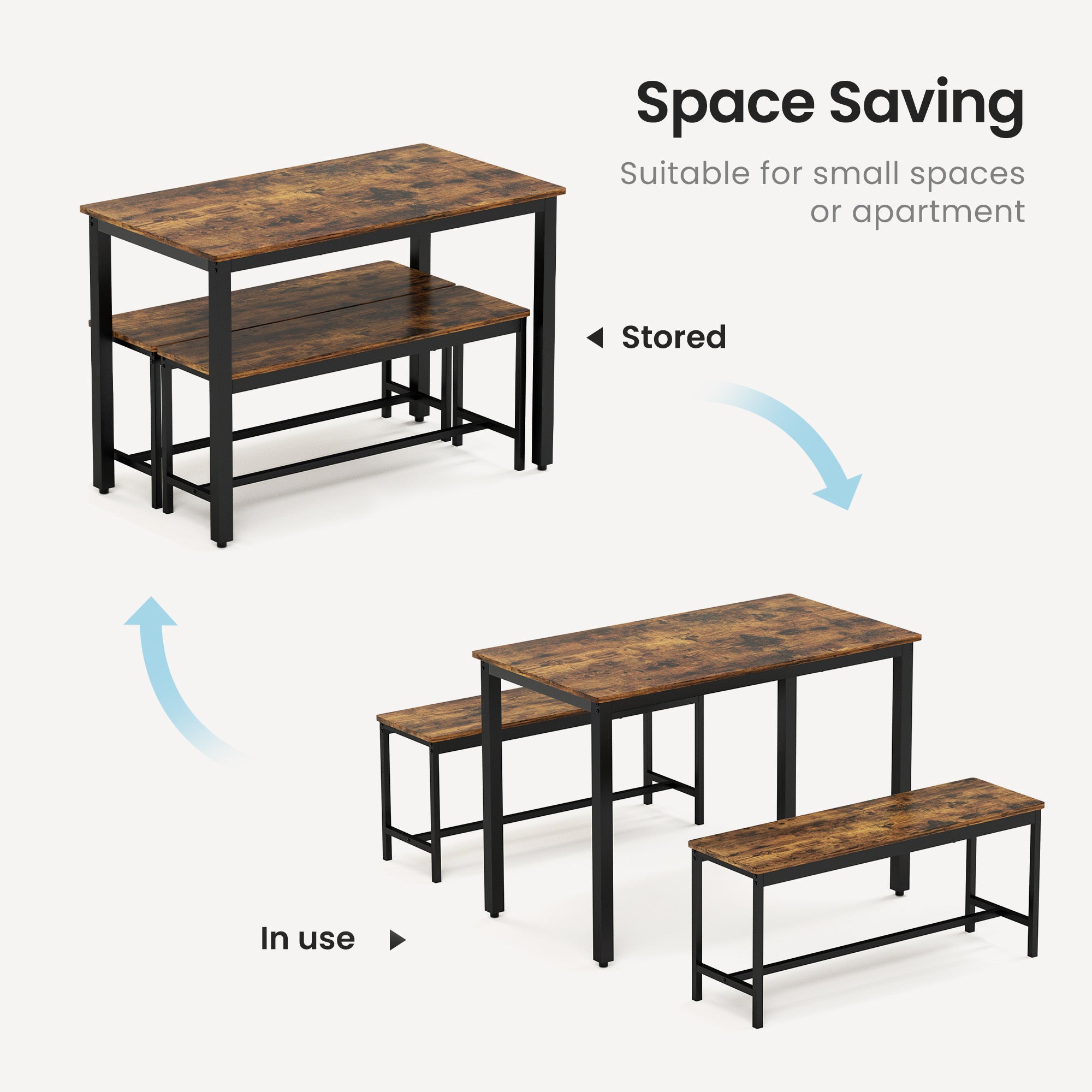 HAOYYE Dining Table Set with 2 Benches, Industrial Bar Table with Chairs for Kitchen, Breakfast Nook, Living Room, Party Room, Rustic Brown & Black, Sturdy Space-Saving Design for Small Spaces, Modern Home Furniture