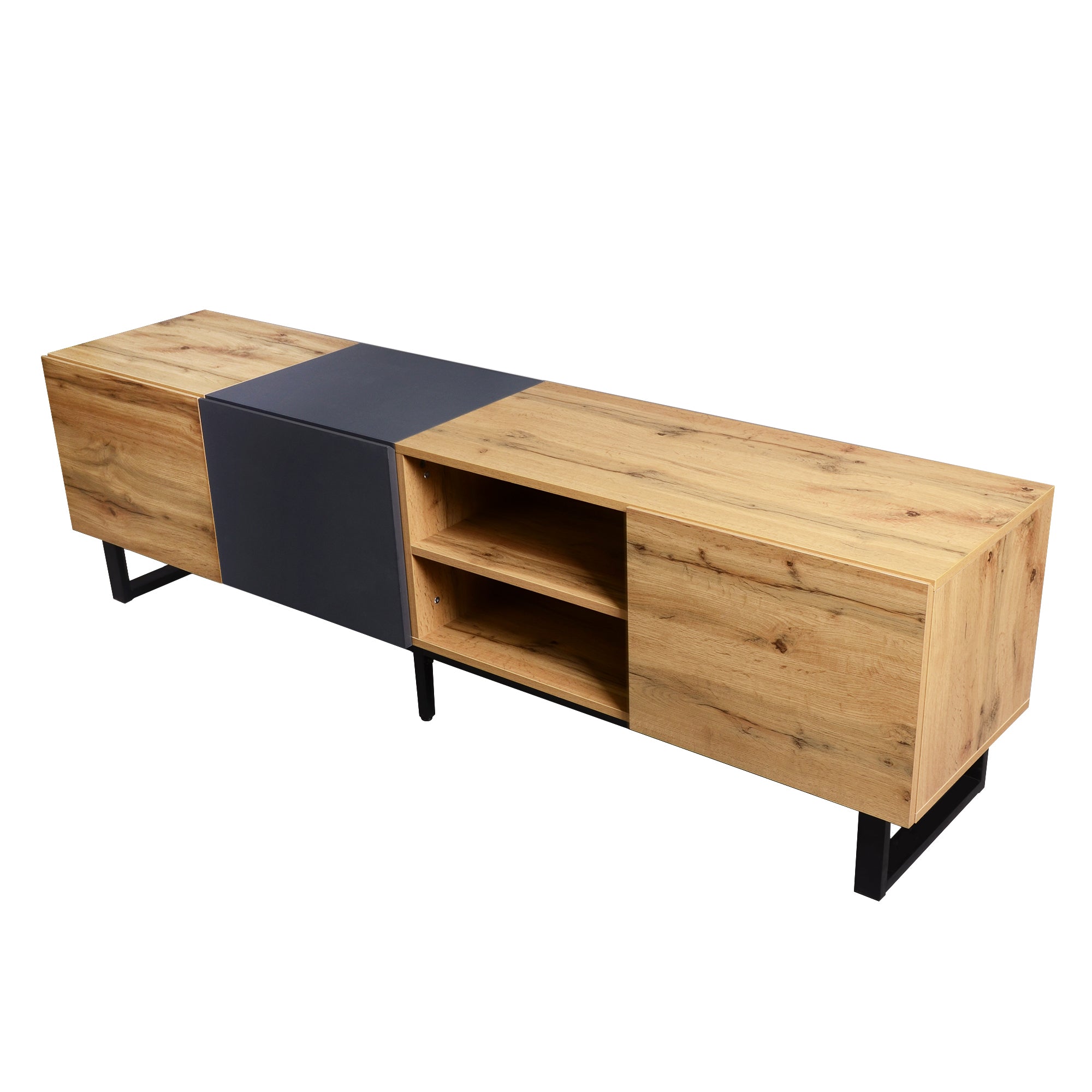 HAOYYE Modern TV Stand with 3 Cabinets and Open Shelves, Color-Matched Media Console Table for TVs up to 80 Inches, Entertainment Center with Drop Down Door for Living Room, Bedroom, and Home Theatre, Sturdy, Space-Saving Heavy Duty Design