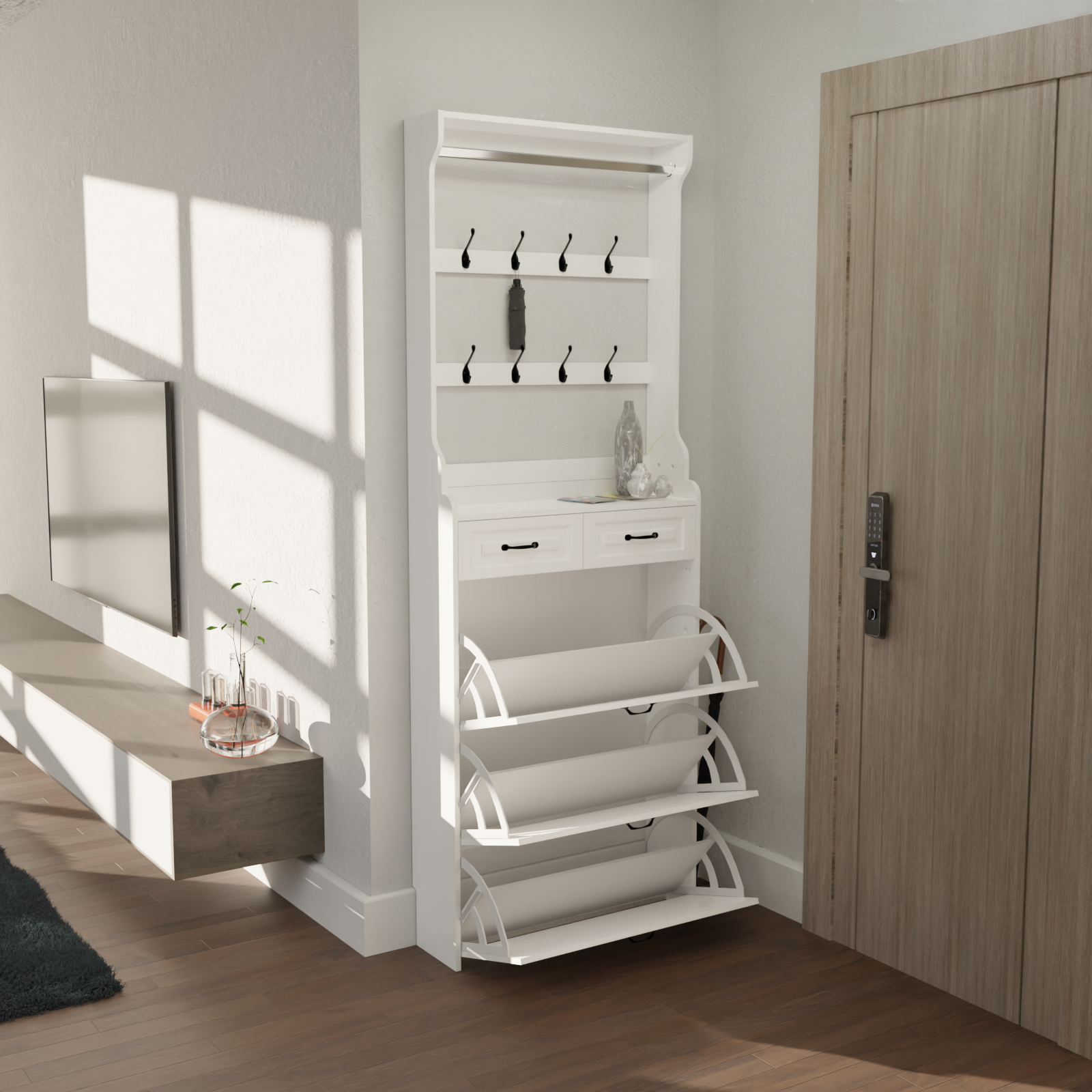 HAOYYE White Shoe Cabinet With 3 Doors 2 Drawers And Hanger, Large Capacity Storage Cabinet For Bedroom, Entryway, Or Dorm Room, Sturdy Modern Design, Space-Saving, Heavy Duty, Easy Assembly