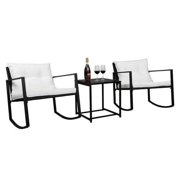 HAOYYE 3 Piece Outdoor Rocking Chair Set with Coffee Table, Black PE Rattan Patio Furniture with Tempered Glass Top and Beige Cushions, Weather Resistant Wicker Conversation Set for Balcony Garden Deck Porch