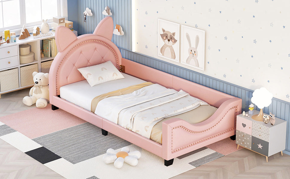 HAOYYE Twin Size Upholstered Daybed with Carton Ears Shaped Headboard, Pink Sturdy Space-Saving Heavy Duty Modern Design Adults Dorm Room Easy Assembly Bedroom Furniture
