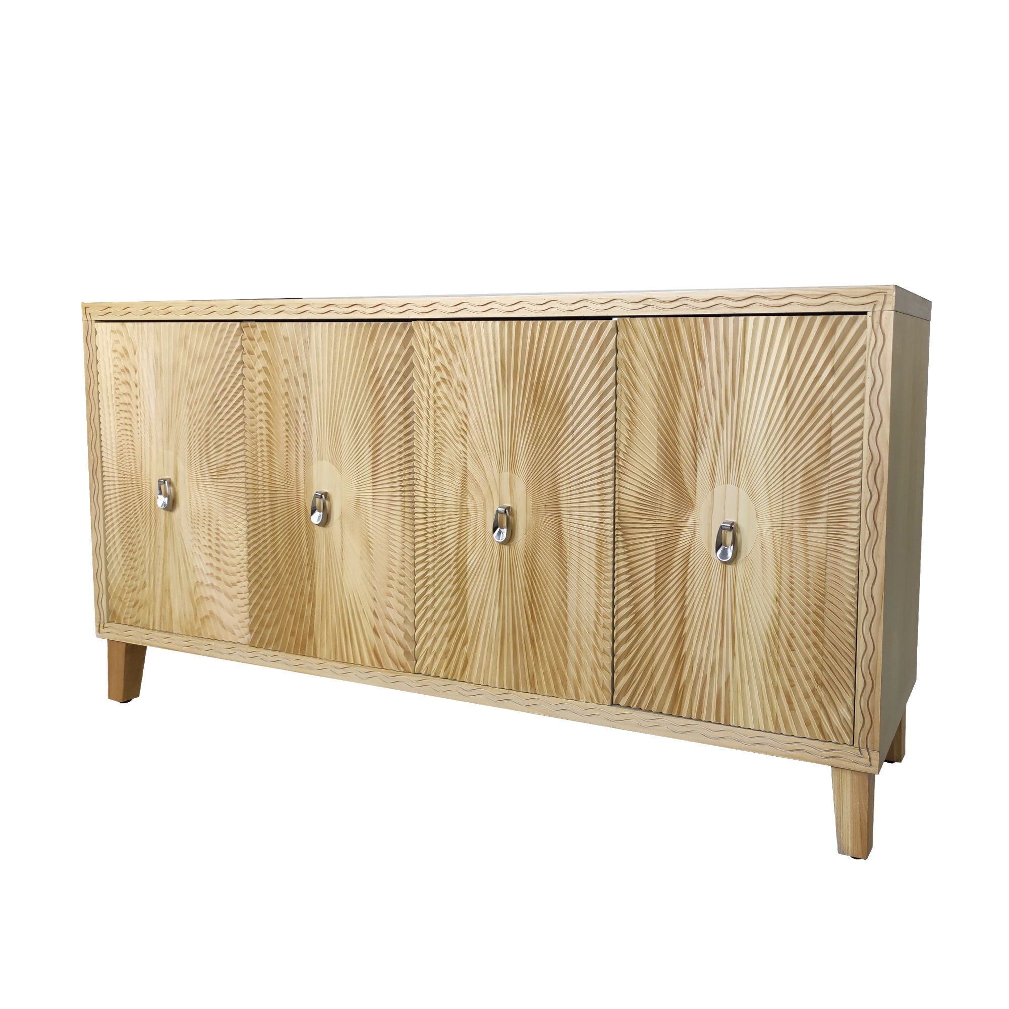 HAOYYE Vintage Storage Cabinet with Carved Scatter Pattern, 4 Door Dining Sideboard and Adjustable Shelves, Versatile Buffet and Accent Cabinet for Living Room, Kitchen, and Hallway, Sturdy and Space-Saving Design in Natural Finish