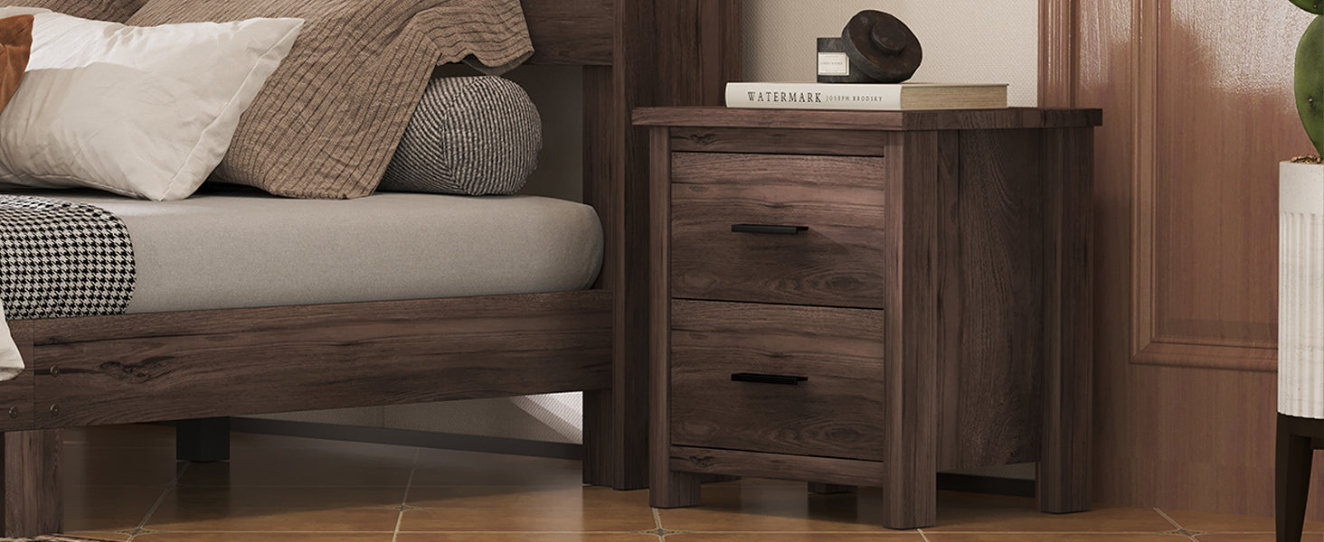 HAOYYE Vintage Nightstand with Two Drawers, Dark Walnut Sturdy Space-Saving Design, Heavy Duty Modern Bedroom Furniture for Adults, Easy Assembly