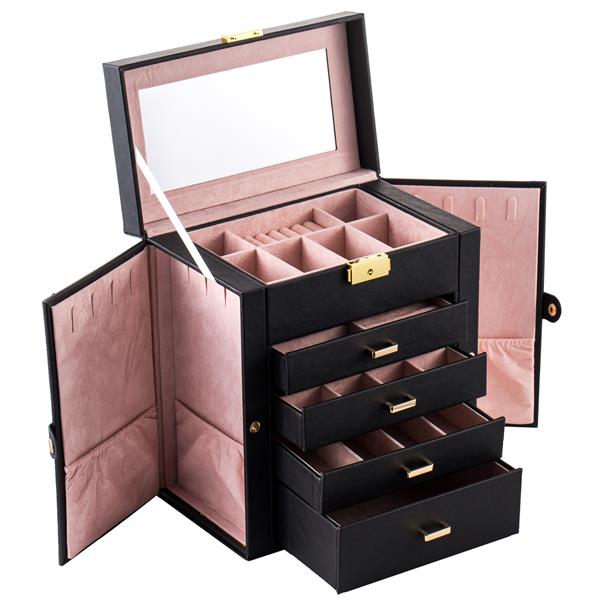 HAOYYE Black Synthetic Leather Jewelry Box – Large Mirrored Watch Organizer With Necklace, Ring, And Earring Storage – Lockable Case With Soft Velvet Lining, Elegant Home Décor, Luxury Design, Perfect Gift For Women