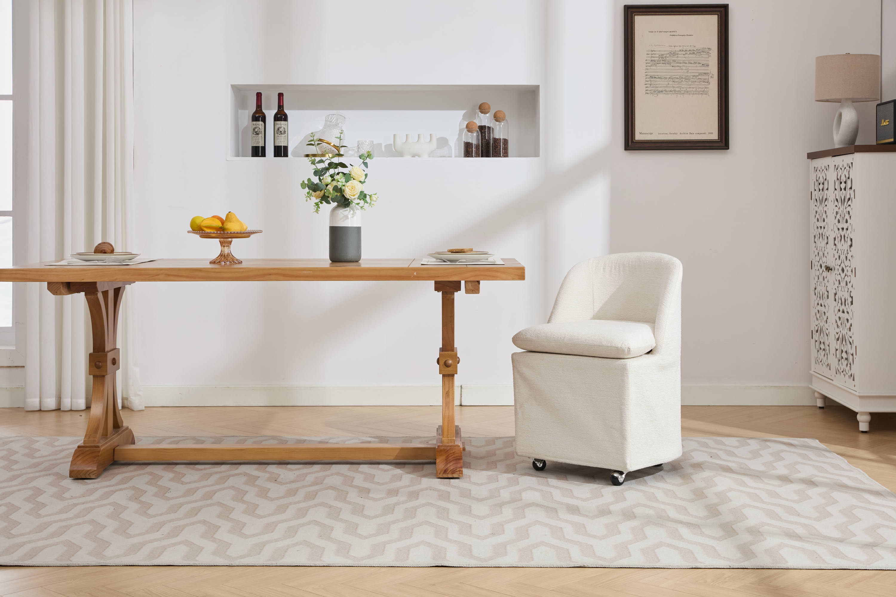 HAOYYE 058-Set of 2 Chenille Fabric Dining Chairs With Universal Wheels,Beige Sturdy Space-Saving Heavy Duty Modern Design Adults Dorm Room Easy Assembly Bedroom Furniture