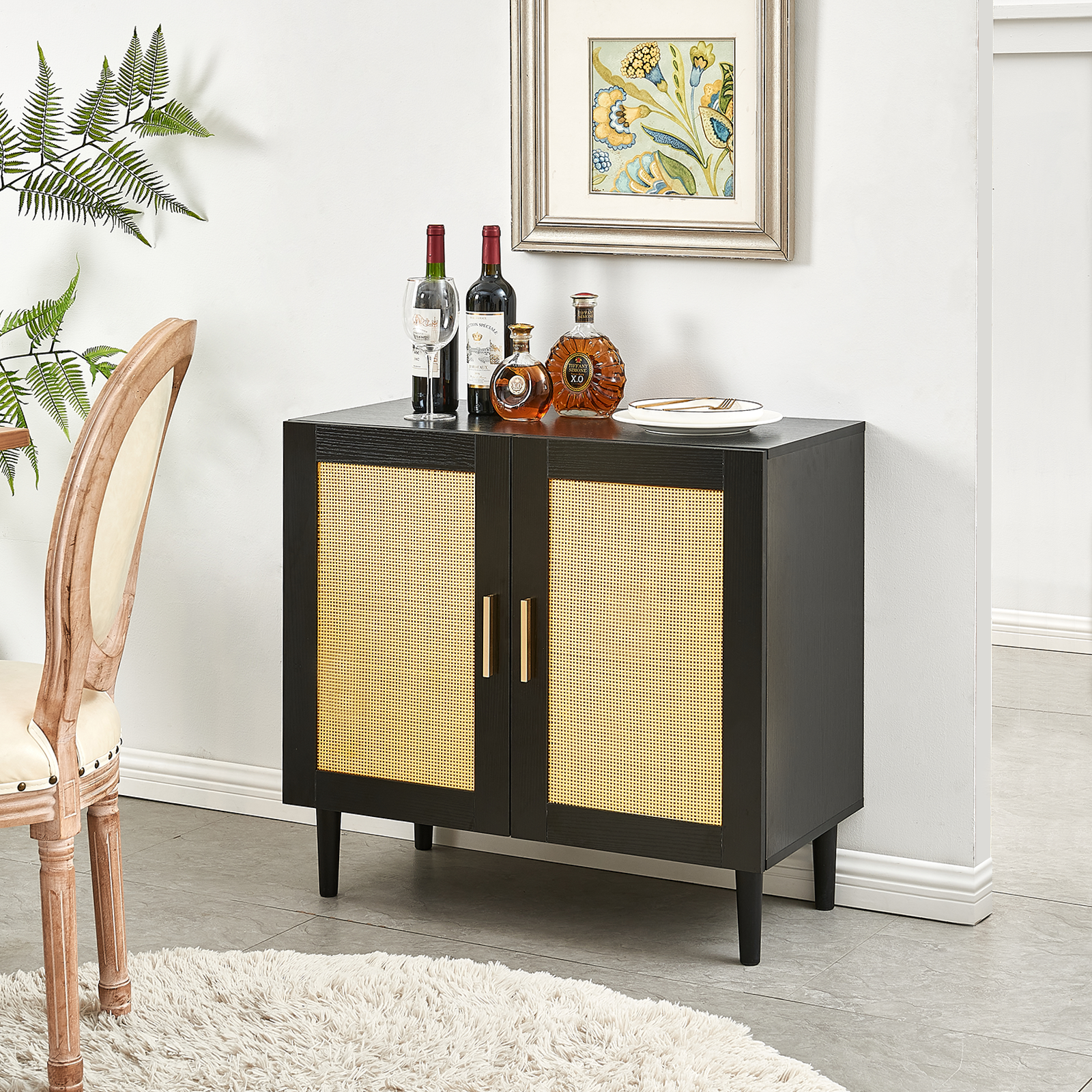 HAOYYE Side panel buffet cabinet with natural rattan door, rattan storage cabinet with adjustable shelves, side panel and buffet with storage space, modern console cabinet in bedroom and living room Sturdy