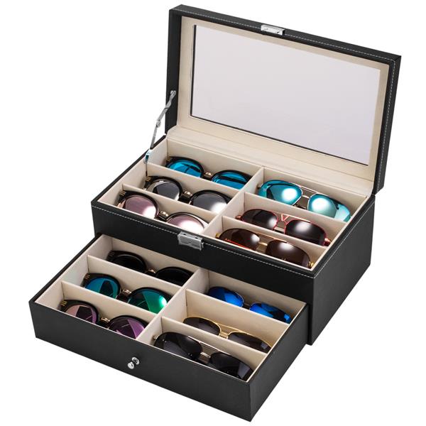 HAOYYE Leather 12-Piece Eyeglasses Storage and Sunglass Display Drawer, Lockable Case Organizer, Black, Premium Quality, Soft Cozy Warm Flannel Fleece Interior, Luxury Comfortable Unique Design, Ideal for Home Decor, Glasses Protection, and Organization