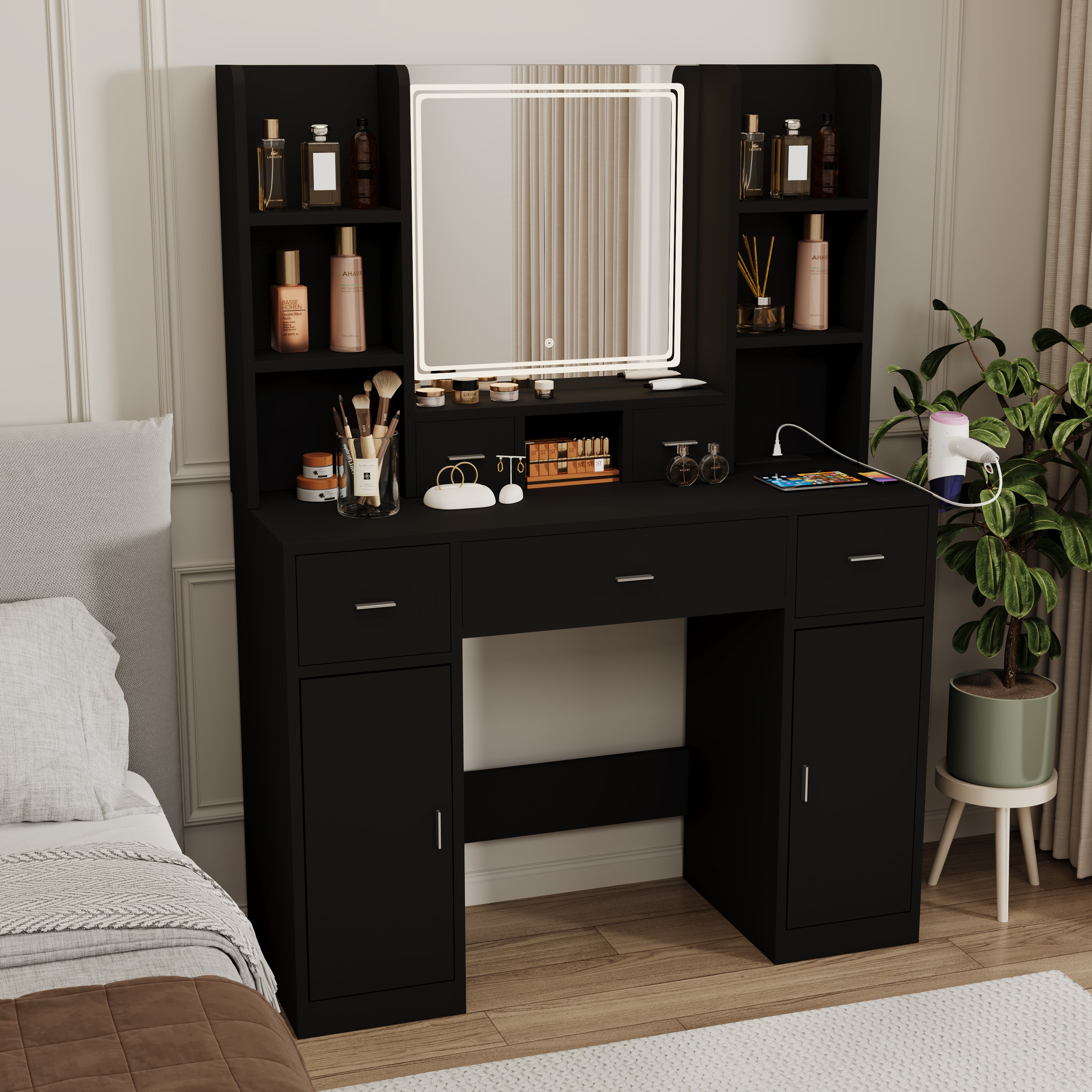 HAOYYE Smart Mirror Dressing Table With Drawers And Storage Cabinet, Modern Vanity Desk With Cushioned Stool, Stylish And Sturdy Space-Saving Design For Bedroom Or Dressing Room, Heavy Duty Construction