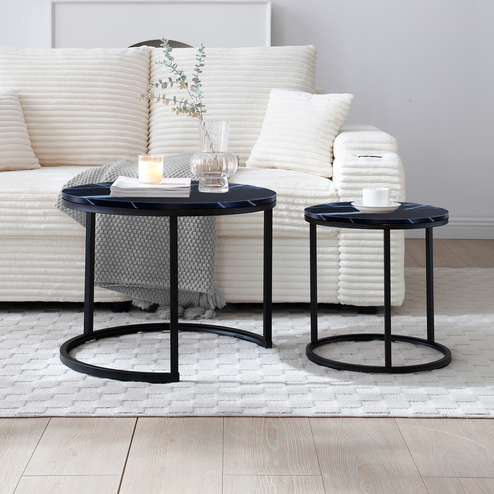 HAOYYE Set of 2 Round Nesting Coffee Tables with Black Marble Pattern Top and Metal Frame, Modern Industrial Circular Side Tables for Living Room Bedroom Apartment or Office Use