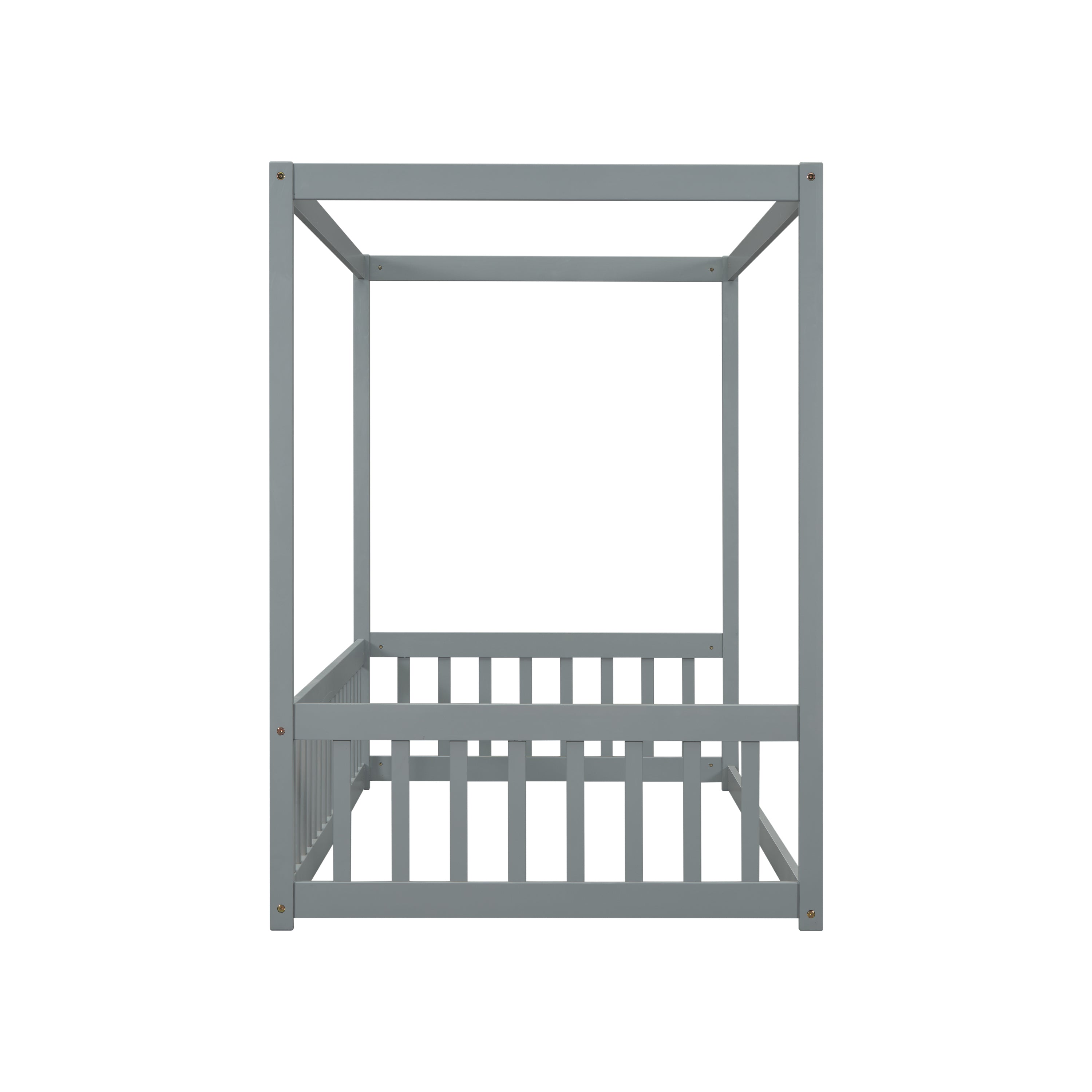 HAOYYE Twin Size Canopy Frame Floor Bed with Fence, Guardrails,Grey Sturdy Space-Saving Heavy Duty Modern Design Adults Dorm Room Easy Assembly Bedroom Furniture