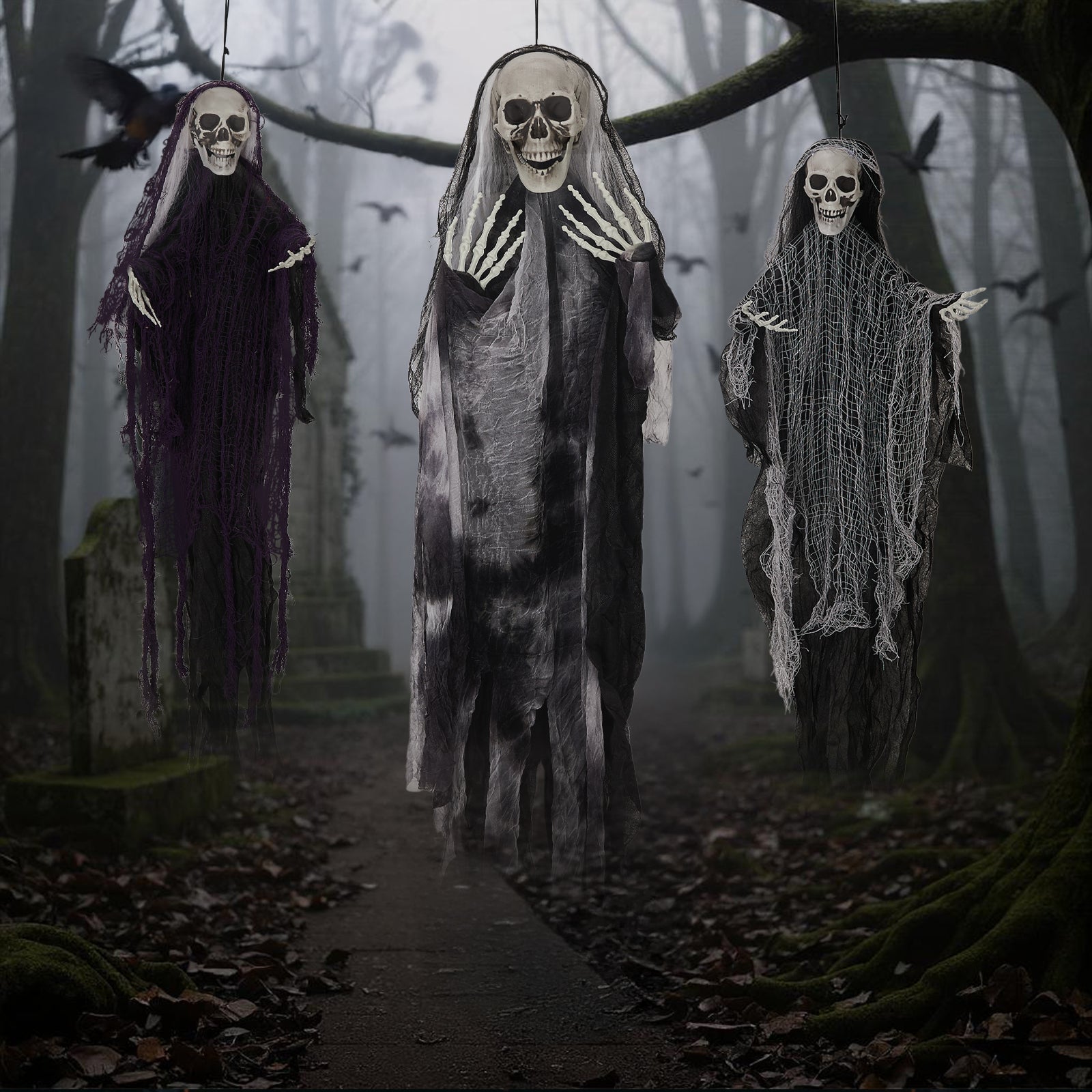 HAOYYE Halloween Hanging Skeleton Ghost Decorations 3-Pack Set Grim Reapers with Adjustable Arms for Spooky Outdoor and Indoor Halloween Party Decor Durable Plastic and Fabric