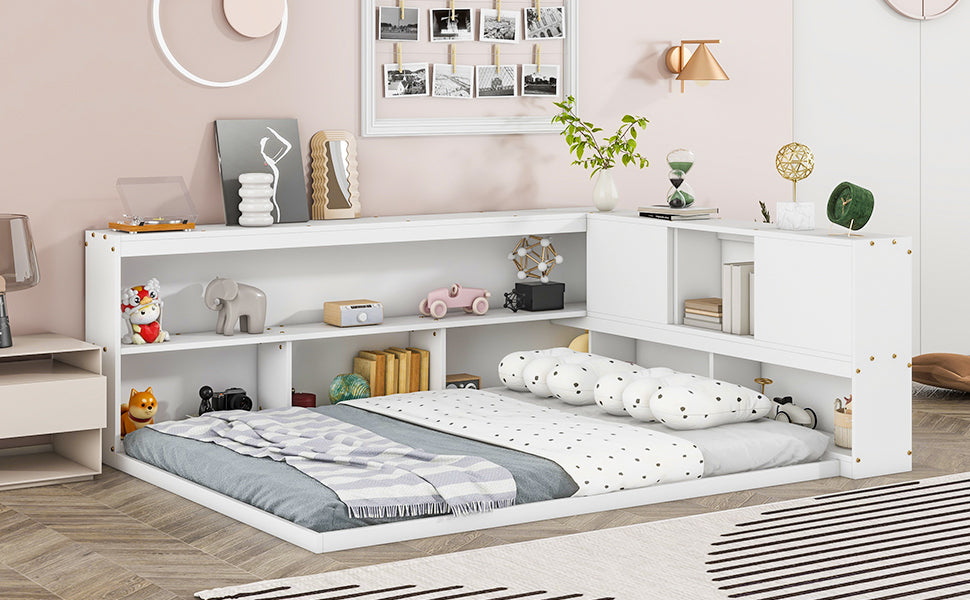 HAOYYE Full Floor Bed with L-shaped Bookcases, sliding doors,without slats,White Sturdy Space-Saving Heavy Duty Modern Design Easy Assembly Durable Stylish Home Furniture Versatile
