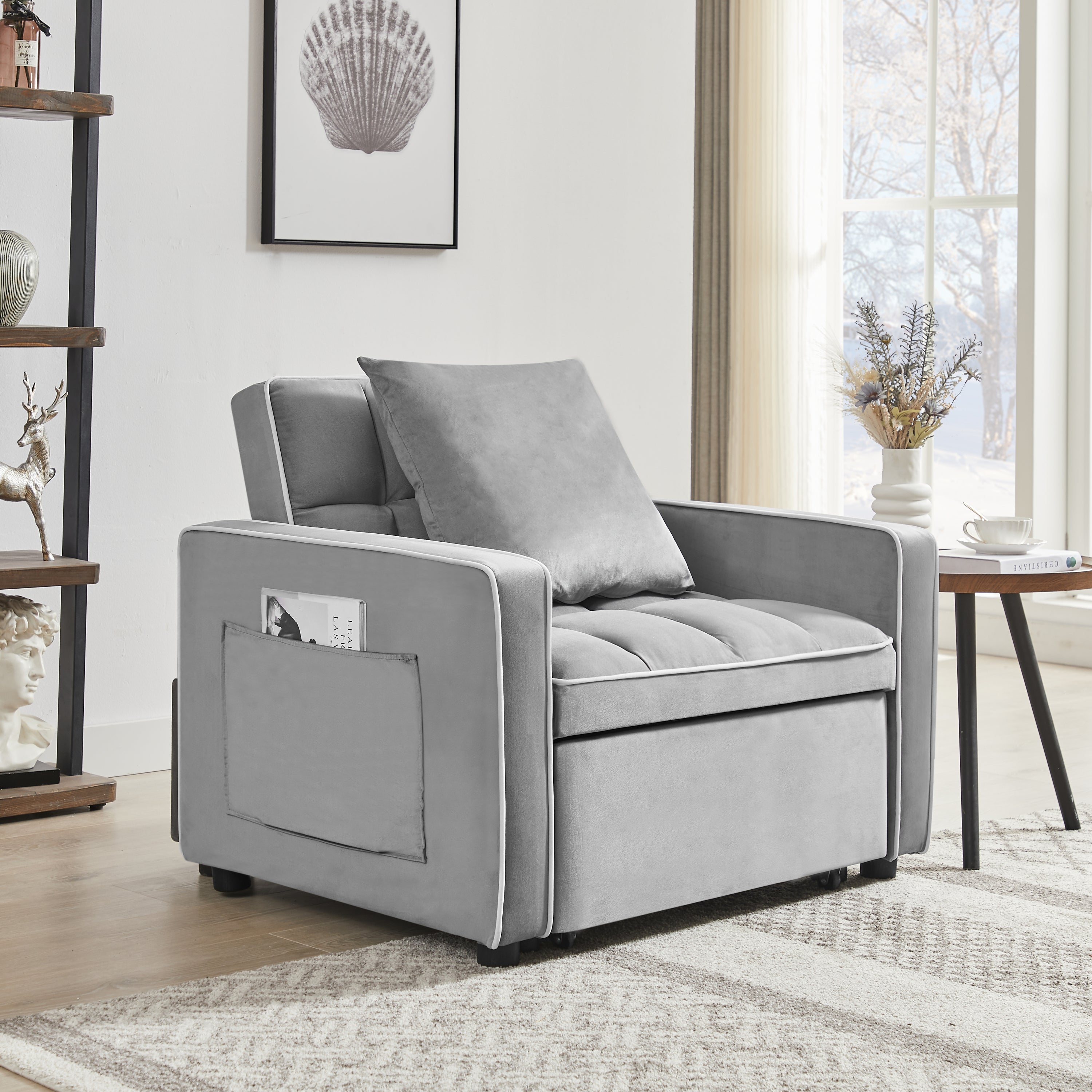 HAOYYE Three-in-One Sofa Bed Chair Grey Folding Adjustable Back Recliner Single Bed Comfortable Modern Sturdy Space-Saving Heavy Duty Design Adults Dorm Room