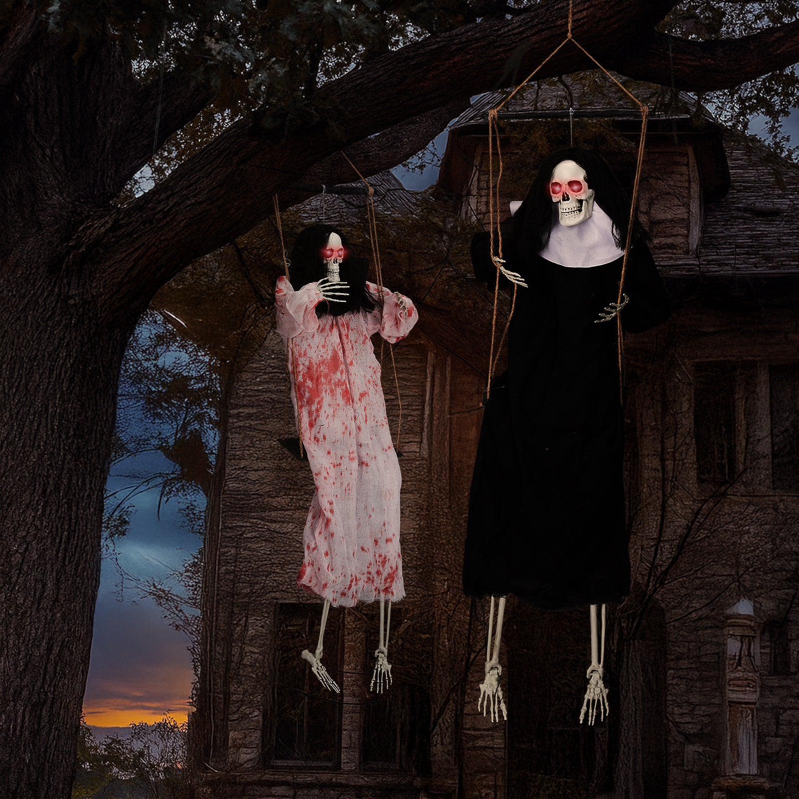 HAOYYE Black Outdoor Halloween Decorations Hanging Ghosts with Light Up Eyes and Screaming Sound, 2 Pack Grim Reaper Halloween Props for Yard Patio Garden Porch, Battery Powered Spooky Halloween Decor