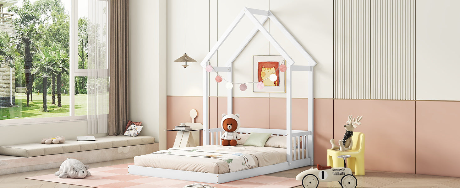 HAOYYE Full Roof-framed Headboard Floor Bed with Headboard Guardrails, without Slats White Sturdy Space-Saving Heavy Duty Modern Design Adults Dorm Room Easy Assembly Bedroom Furniture