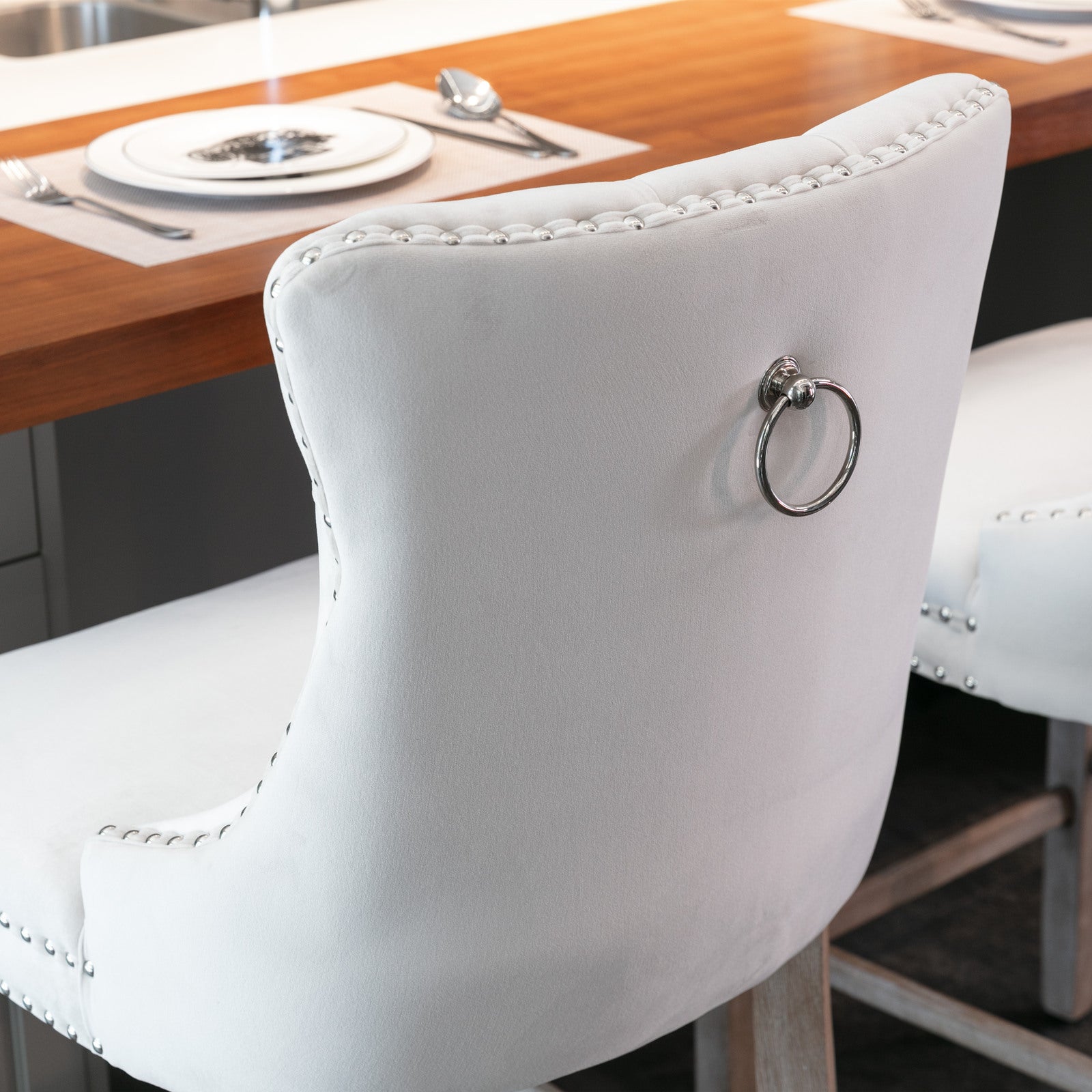 HAOYYE Contemporary Velvet Upholstered Barstools with Button Tufted Decoration and Wooden Legs, and Chrome Nailhead Trim, Leisure Style Bar Chairs,Bar stools, Set of 2 (Beige),SW2002BG Sturdy Space-Saving