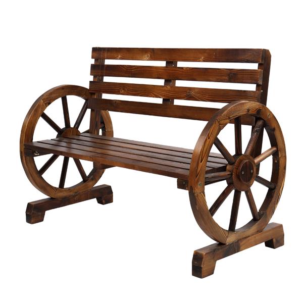 HAOYYE Rustic 2-Person Wooden Wagon Wheel Bench with Slatted Seat and Backrest, Durable Outdoor Bench for Patio, Garden, or Backyard, Comfortable and Stylish, Perfect for Relaxing and Enjoying the Outdoors