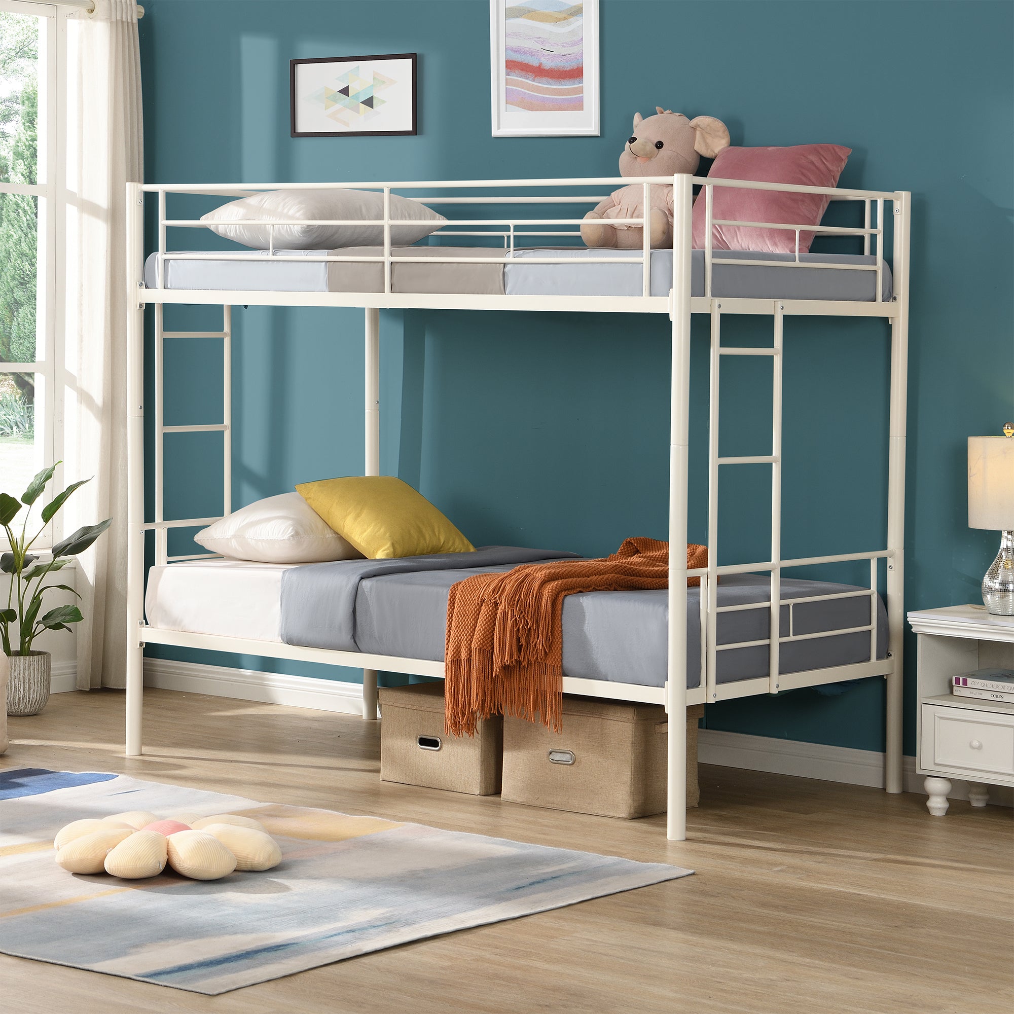 HAOYYE Twin Over Twin Metal Bunk Bed,Metal Structure Bedframe with Safety Guardrails and 2 ladders,Convertible Bunkbeds,No Spring Box Required and Space Saving Design,White Sturdy Space-Saving Heavy Duty