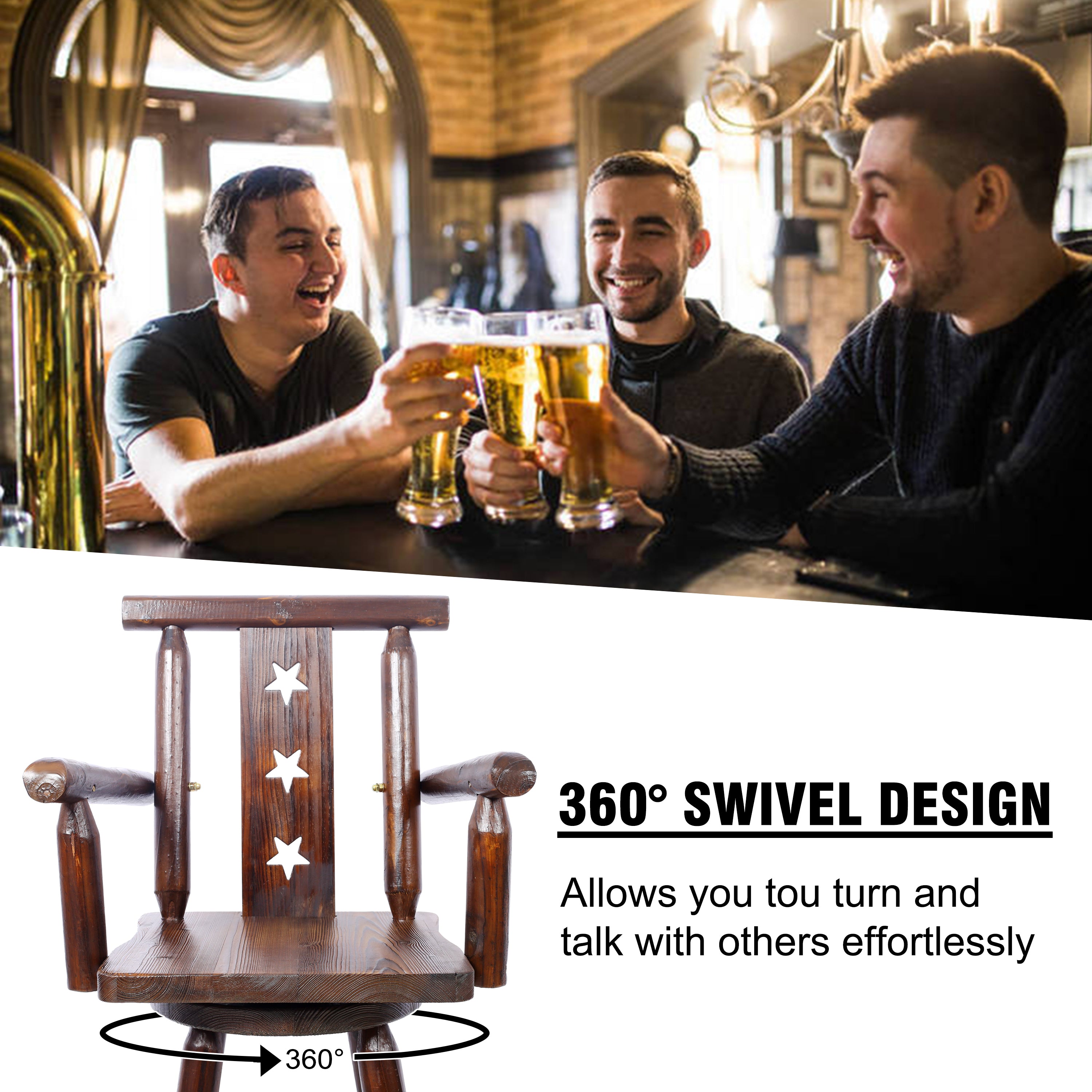 HAOYYE Rustic Bar Stool - Fir Wood Construction, Chair withDecorative Star Backrest, Footrest,Wide Armrest, Rustic Kitchen Stool, Tall Bistro Chair for Dining Room, Restaurant, Pub, 4-Foot,brown color Sturdy