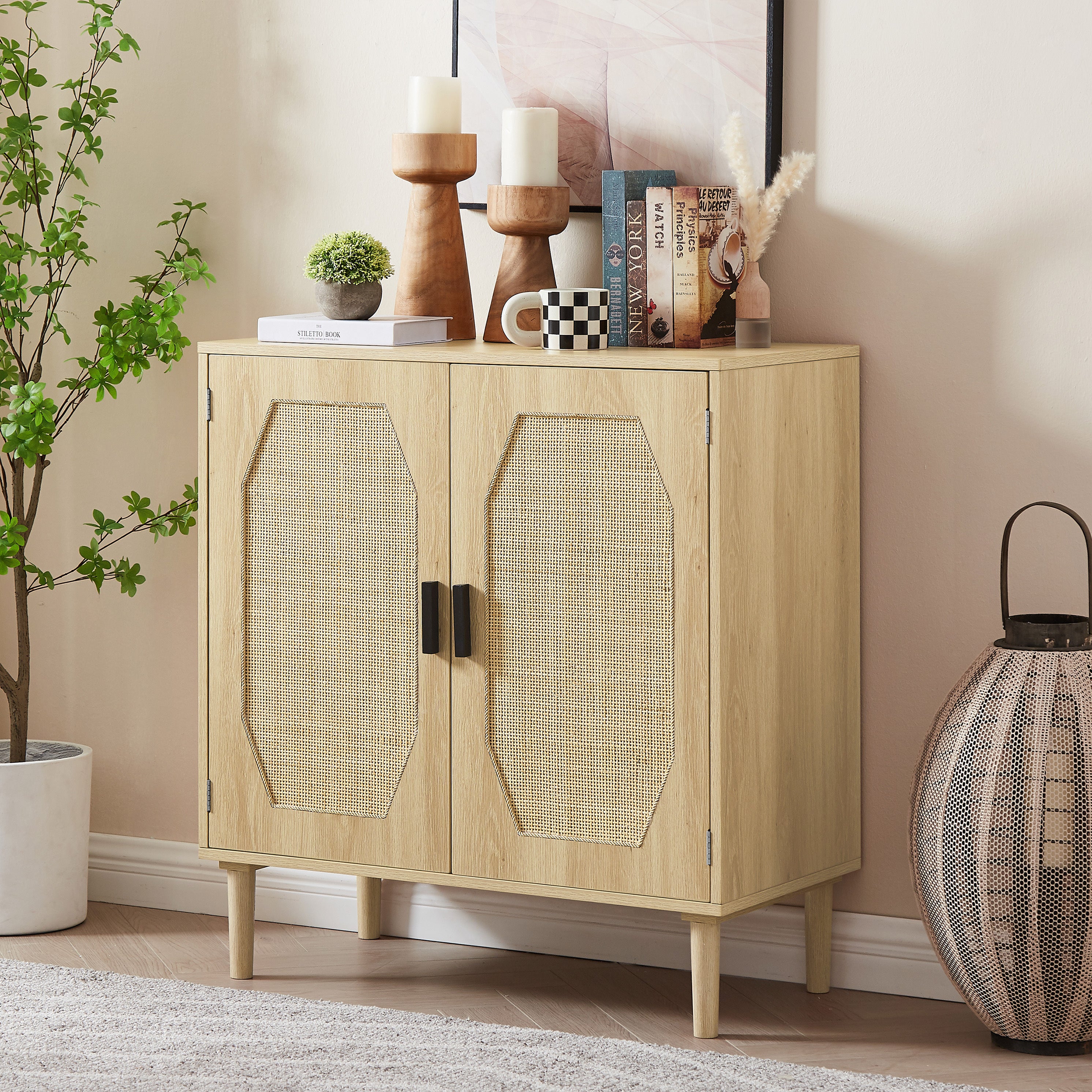 HAOYYE Kitchen storage cabinets with rattan decorative doors, buffets, wine cabinets, dining rooms, hallways, cabinet console tables, Natural, Sturdy Space-Saving Heavy Duty