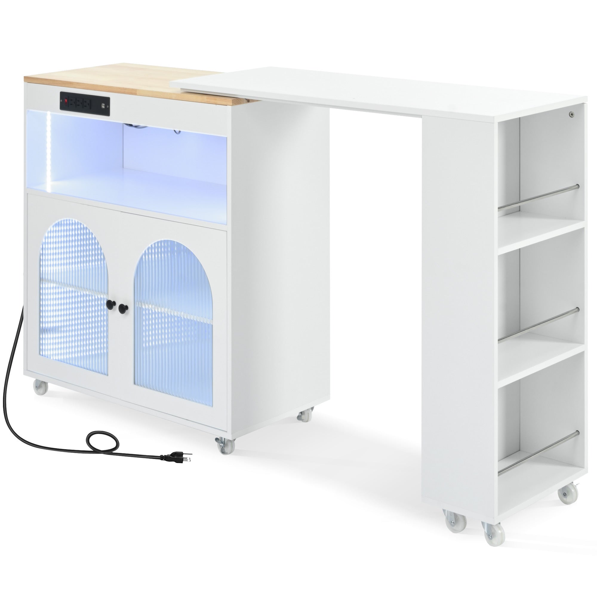 HAOYYE K&K Rolling Kitchen Island With Extended Table, Kitchen island on Wheels with LED Lights,Power Outlets and 2 Fluted Glass Doors, Kitchen Island with a Storage Compartment and Side 3 Open Shelves,White