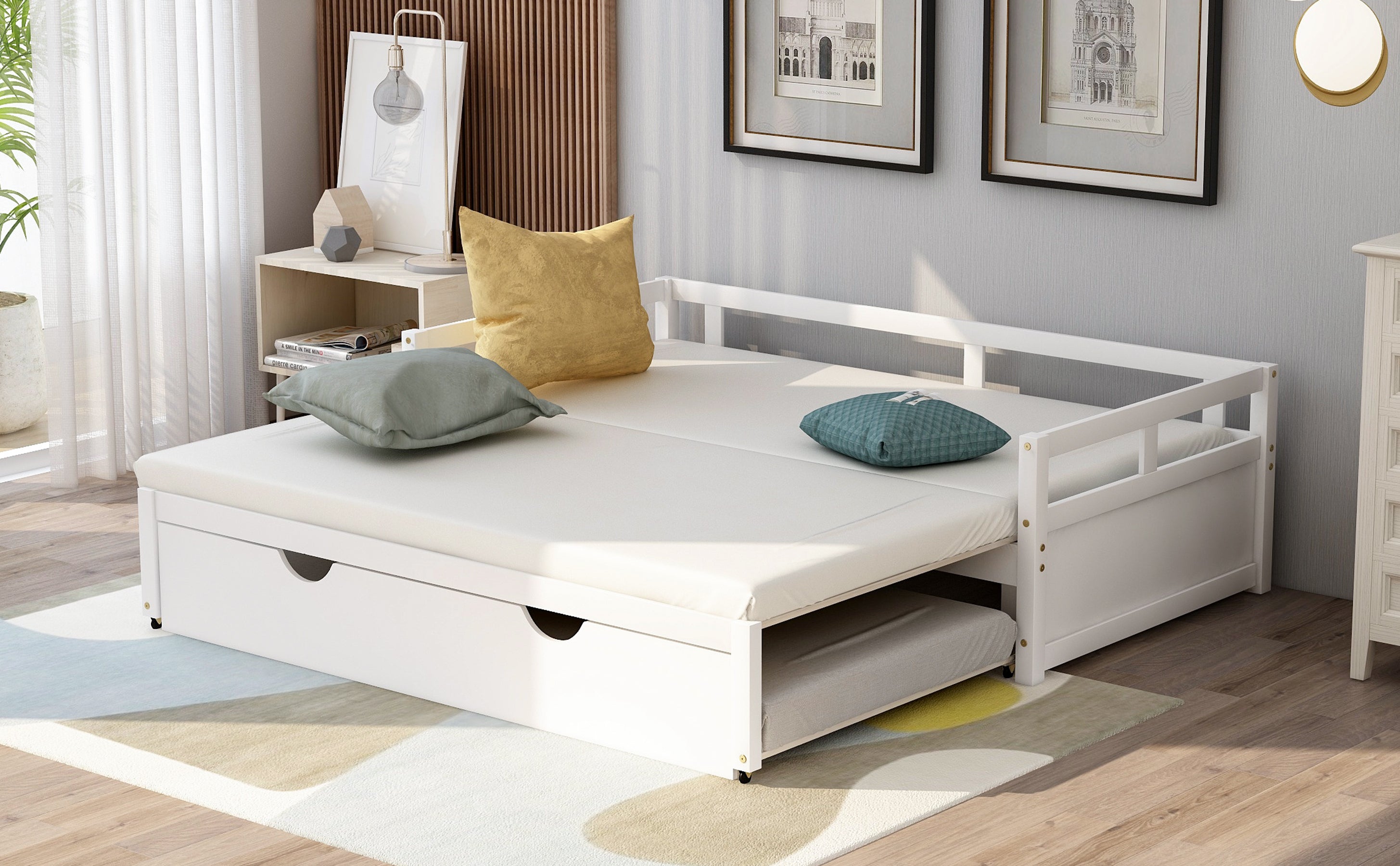 HAOYYE Extending Daybed with Trundle, Wooden Daybed with Trundle, White Sturdy Space-Saving Heavy Duty Modern Design Easy Assembly Durable Stylish Home Furniture Versatile