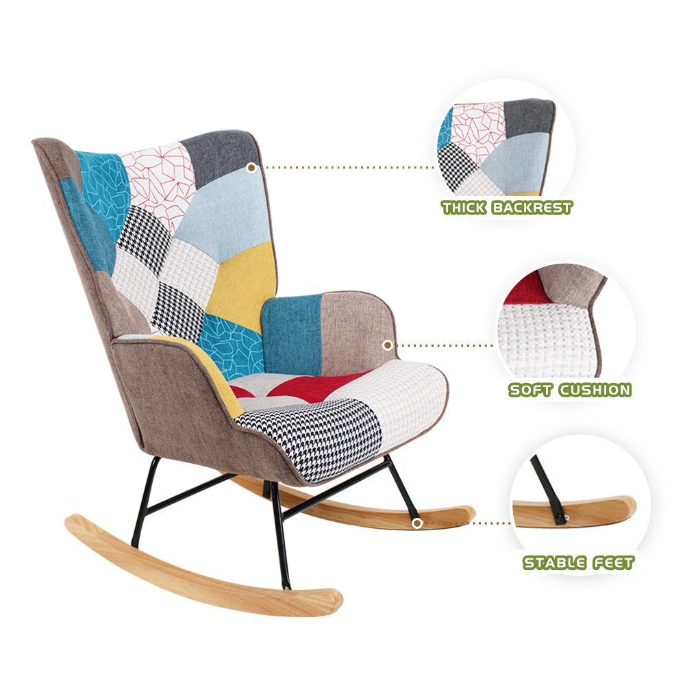 Haoyye Mid-Century Modern Rocking Chair with Patchwork Linen Upholstery, Fabric Accent Rocker with Wood Legs and High Backrest, Comfortable Retro Armchair for Living Room, Bedroom or Lounge, Sturdy Space-Saving Easy Assembly Design