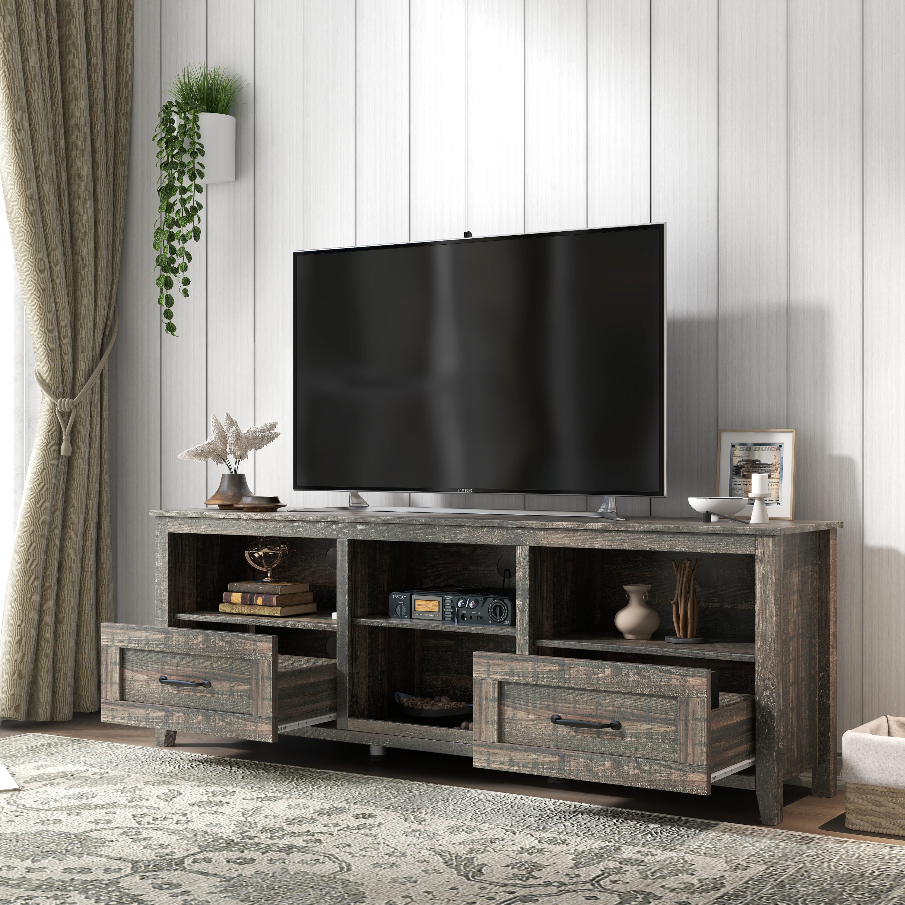 HAOYYE Black Pine TV Stand, Modern Heavy-Duty Storage Console For Living Room Or Bedroom, With 2 Drawers & 4 Spacious Storage Compartments, Sturdy Space-Saving Design, Easy Assembly