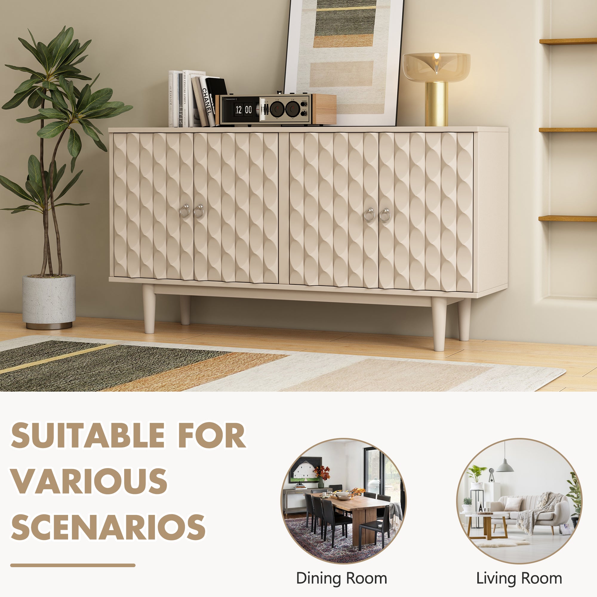 HAOYYE Modern 4-door Sideboard with Convex Pattern Doors and 2 Silver Handle for Living Room, Dining Room, Kitchen (Almond) Sturdy Space-Saving Heavy Duty Modern Design Easy Assembly Durable Stylish