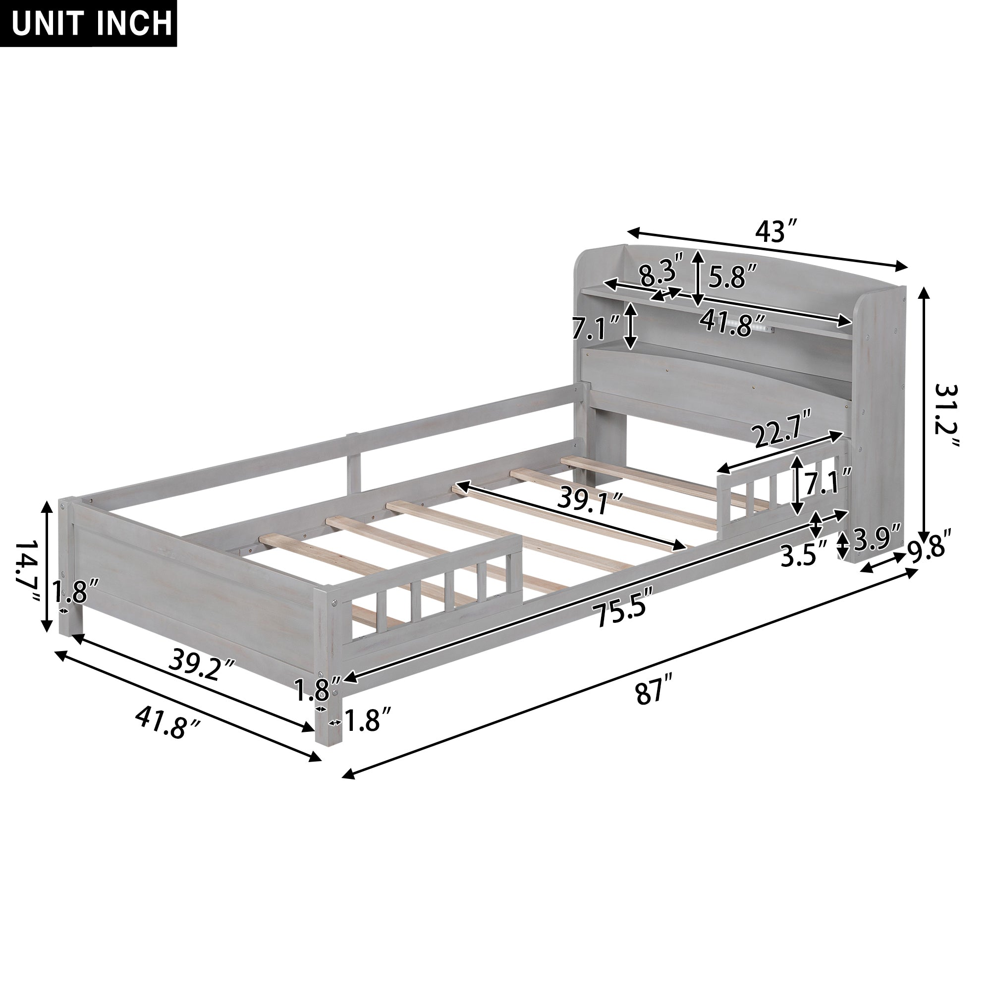 HAOYYE Wood Twin Size Platform Bed with Built-in LED Light, Storage Headboard and Guardrail, Antique Grey Sturdy Space-Saving Heavy Duty Modern Design Adults Dorm Room Easy Assembly Bedroom Furniture