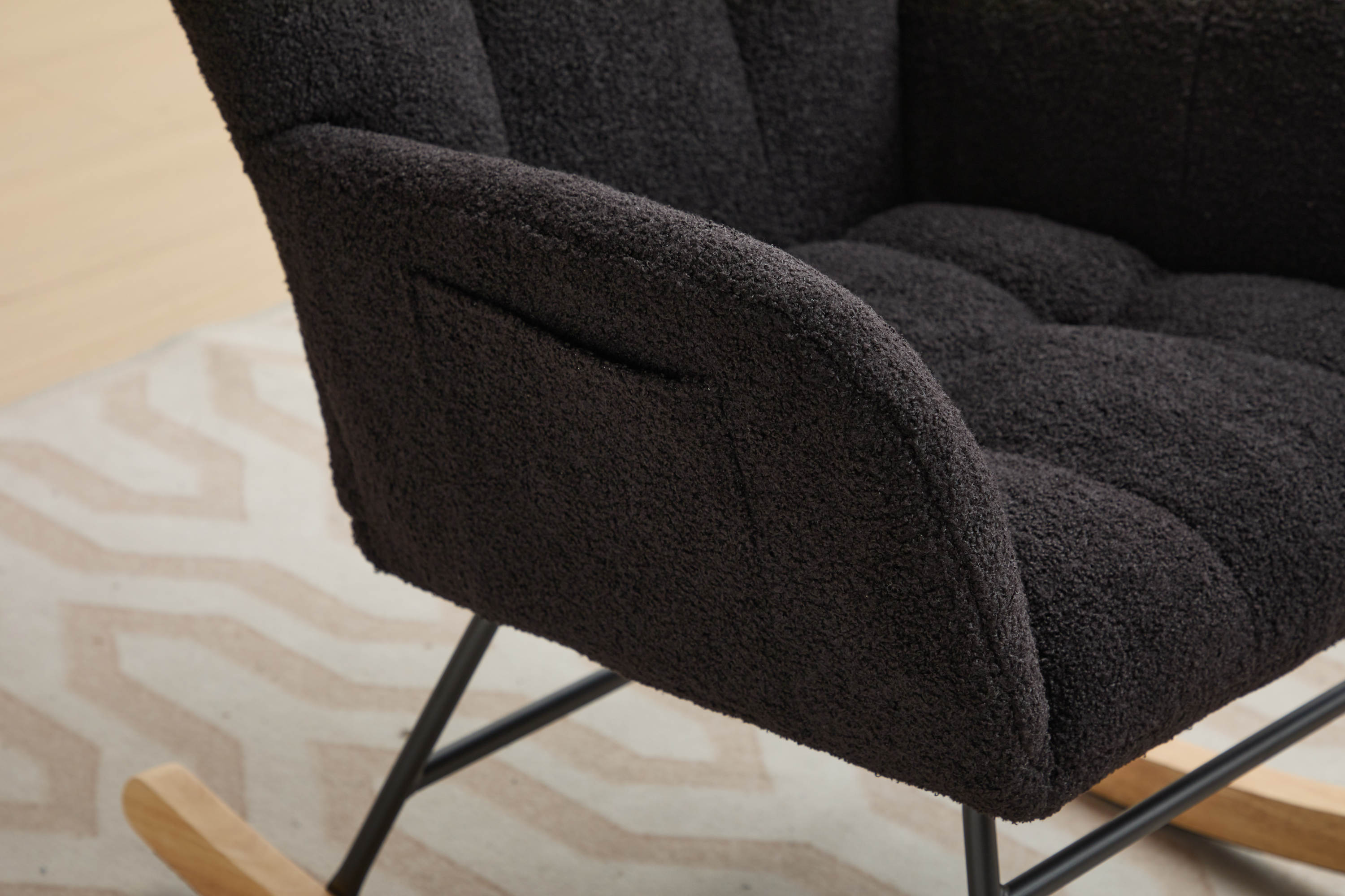 Haoyye Black Modern Nursery Rocking Chair with High Backrest, Soft Teddy Upholstered Glider Accent Armchair with Solid Wood Legs, Gentle Rocker for Bedroom, Living Room, or Nursery, Sturdy and Space-Saving Design for Adults
