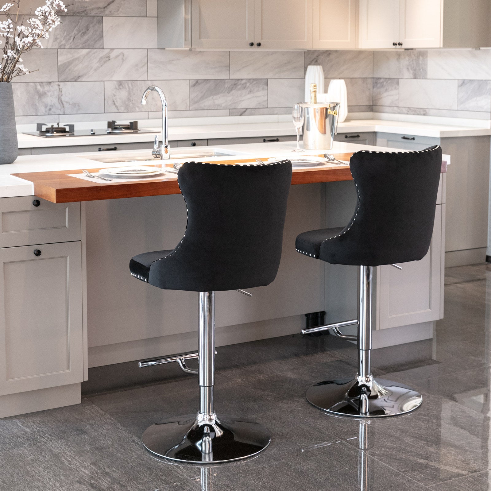 HAOYYE Adjustable Swivel Velvet Barstools with Tufted Backs, Seat Height 25-33 Inches, Chrome Base, Comfortable Upholstered Modern Design for Kitchen Island or Home Pub, Black