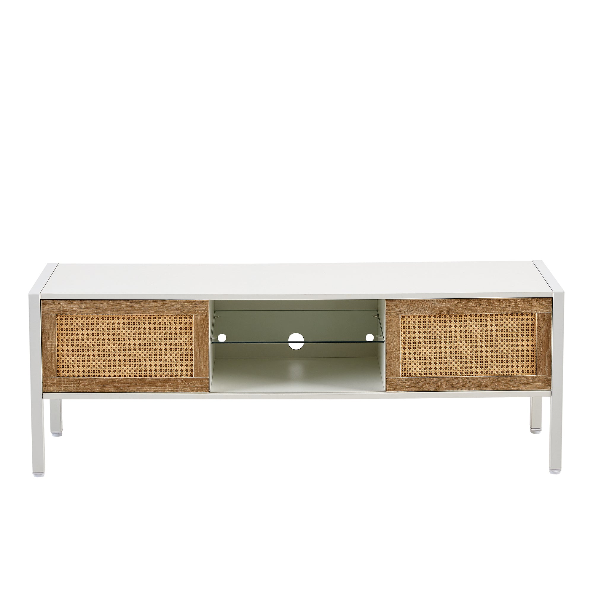 HAOYYE Rattan TV Cabinet with Adjustable Shelf and Variable Color Light Strip, Double Sliding Doors for Storage, Metal Legs, Durable and Space-Saving, Modern TV Console for Living Room, White