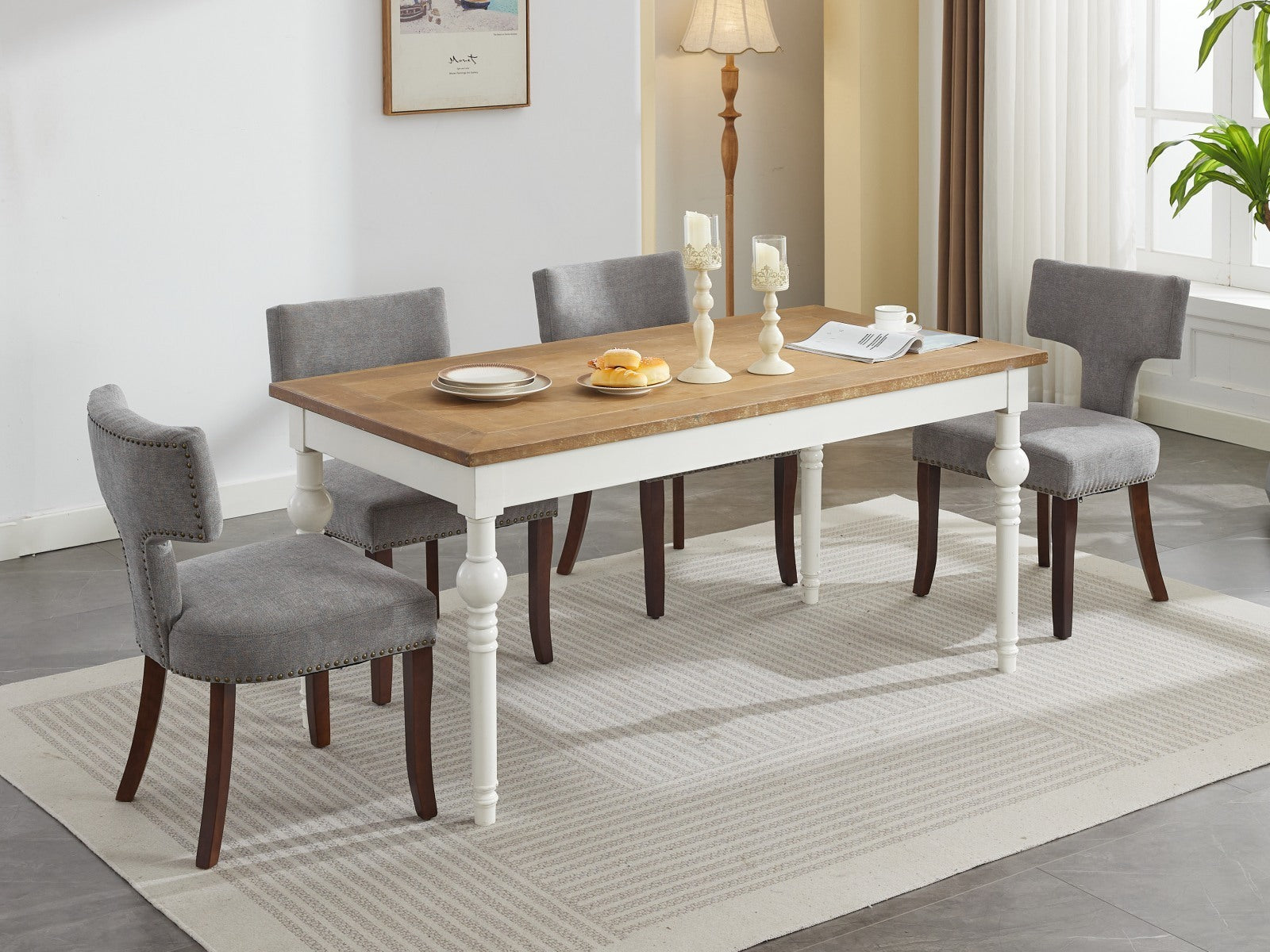 HAOYYE Mid Century Modern Dining Chairs Set of 2, Farmhouse Linen Fabric Upholstered Accent Chair Curved Backrest with Copper Nails around,Kitchen Chairs with Hardwood Frame, Gray Sturdy Space-Saving Durable