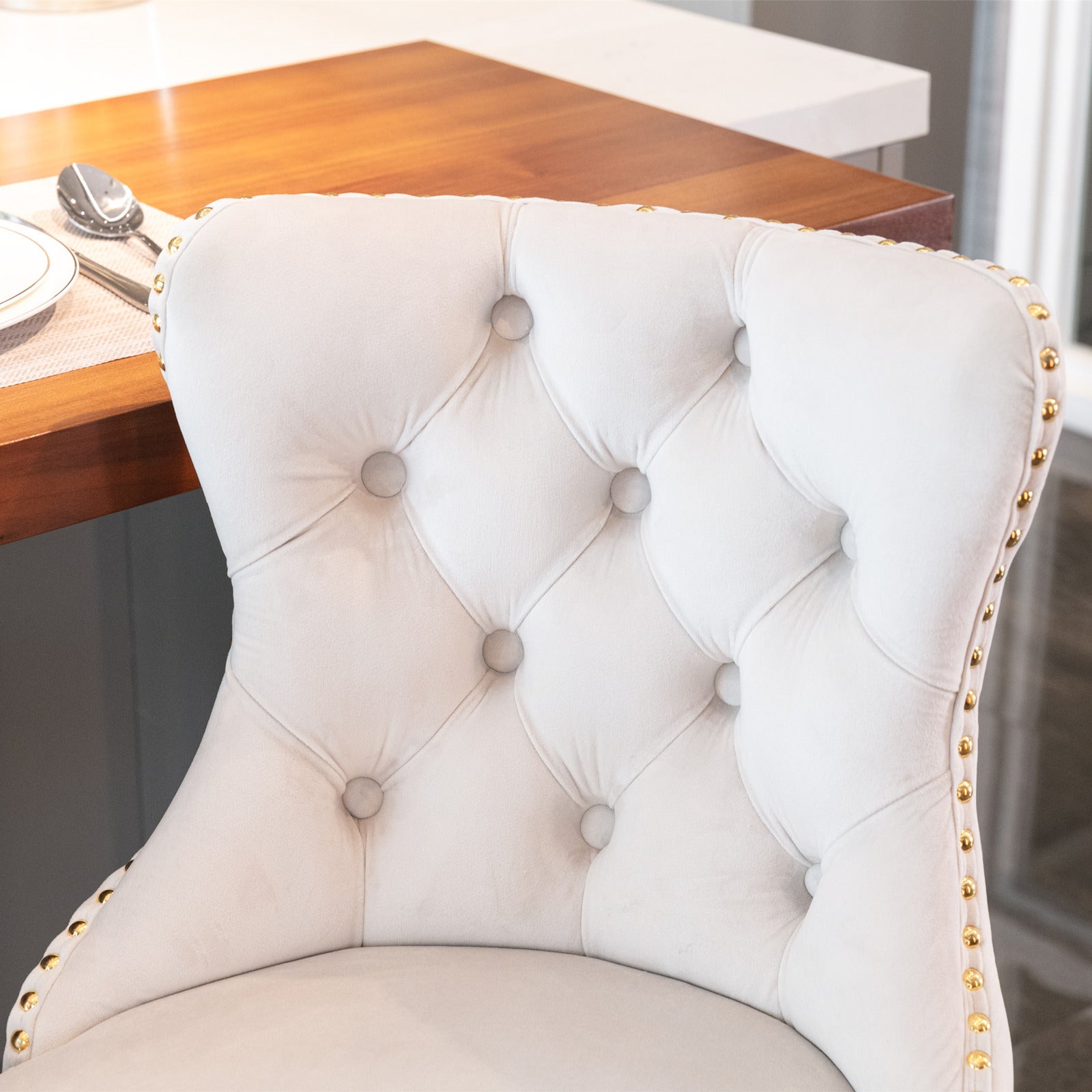 HAOYYE Golden Swivel Velvet Barstools Adjusatble Seat Height from 25-33 Inch,Modern Upholstered Bar Stools with Backs Comfortable Tufted for Home Pub and Kitchen Island,Beige,Set of 2 Sturdy