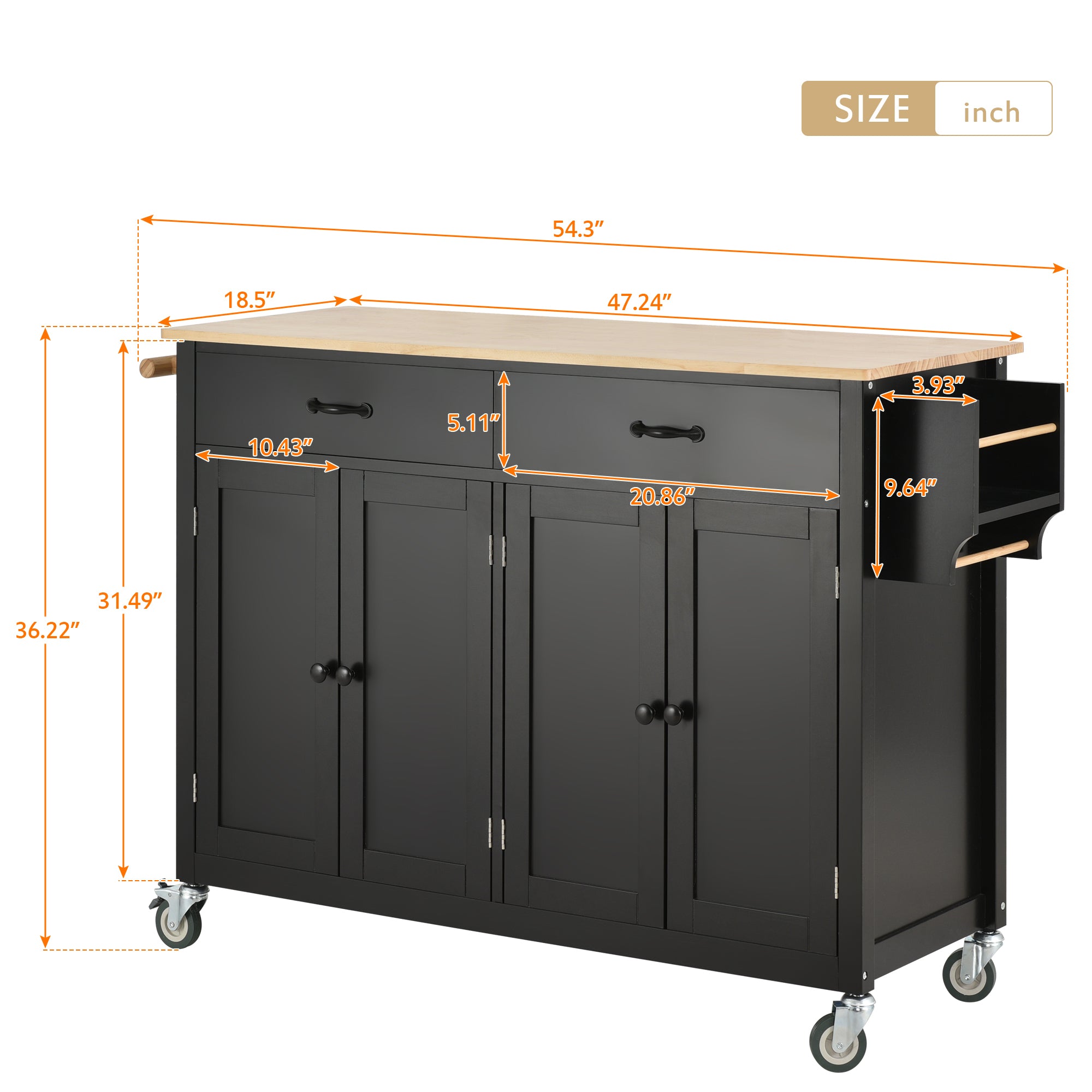 HAOYYE Kitchen Island Cart with Solid Wood Top, 4-Door Cabinet, Two Drawers, Spice Rack, and Towel Rack, Black Modern Kitchen Storage, Heavy Duty, Space-Saving Design, Mobile Island for Kitchen or Dining Room
