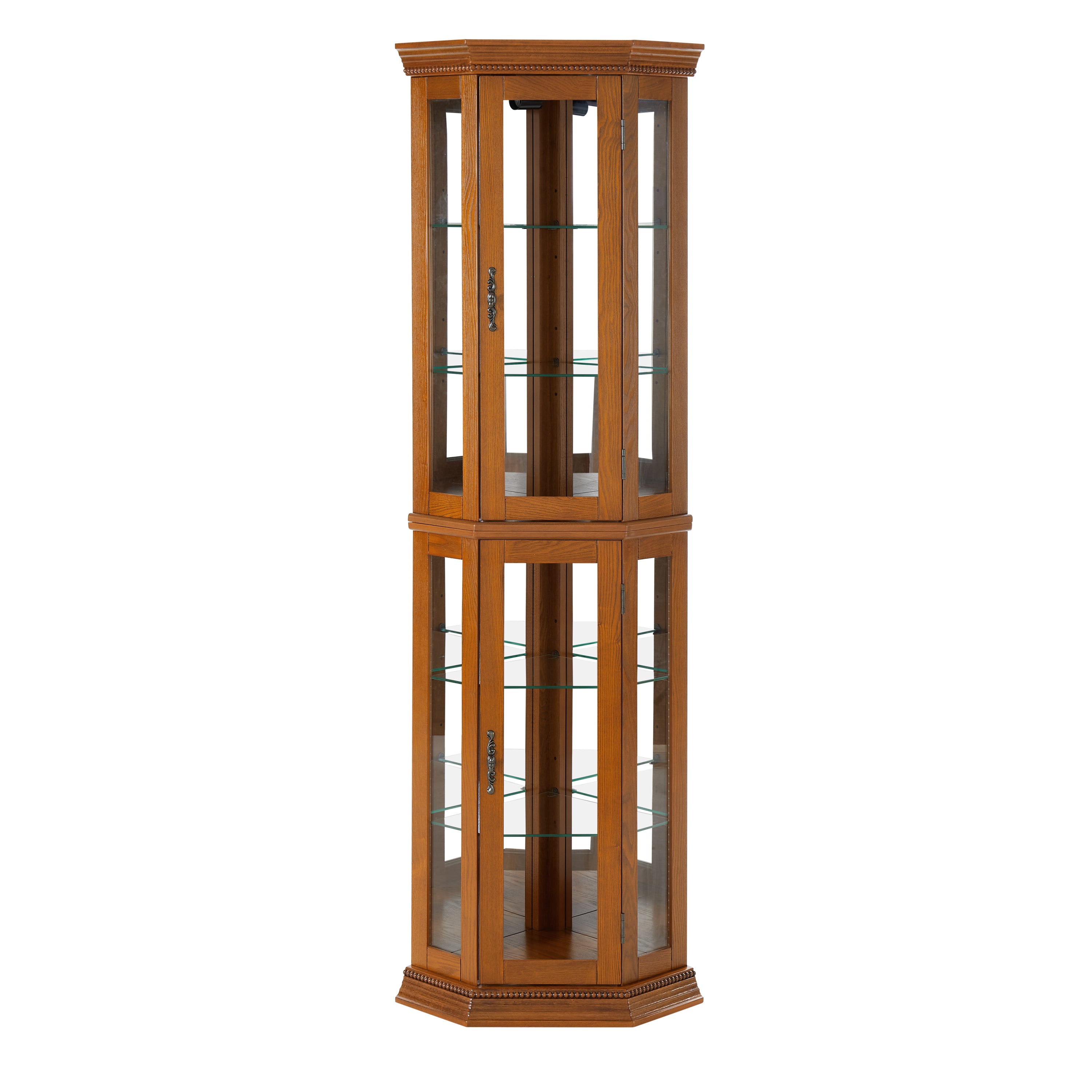 HAOYYE Corner Curio Cabinet with Lights, Adjustable Tempered Glass Shelves, Mirrored Back, Display Cabinet,Oak (E26 light bulb not included) Sturdy Space-Saving Heavy Duty Modern Design Adults Dorm Room