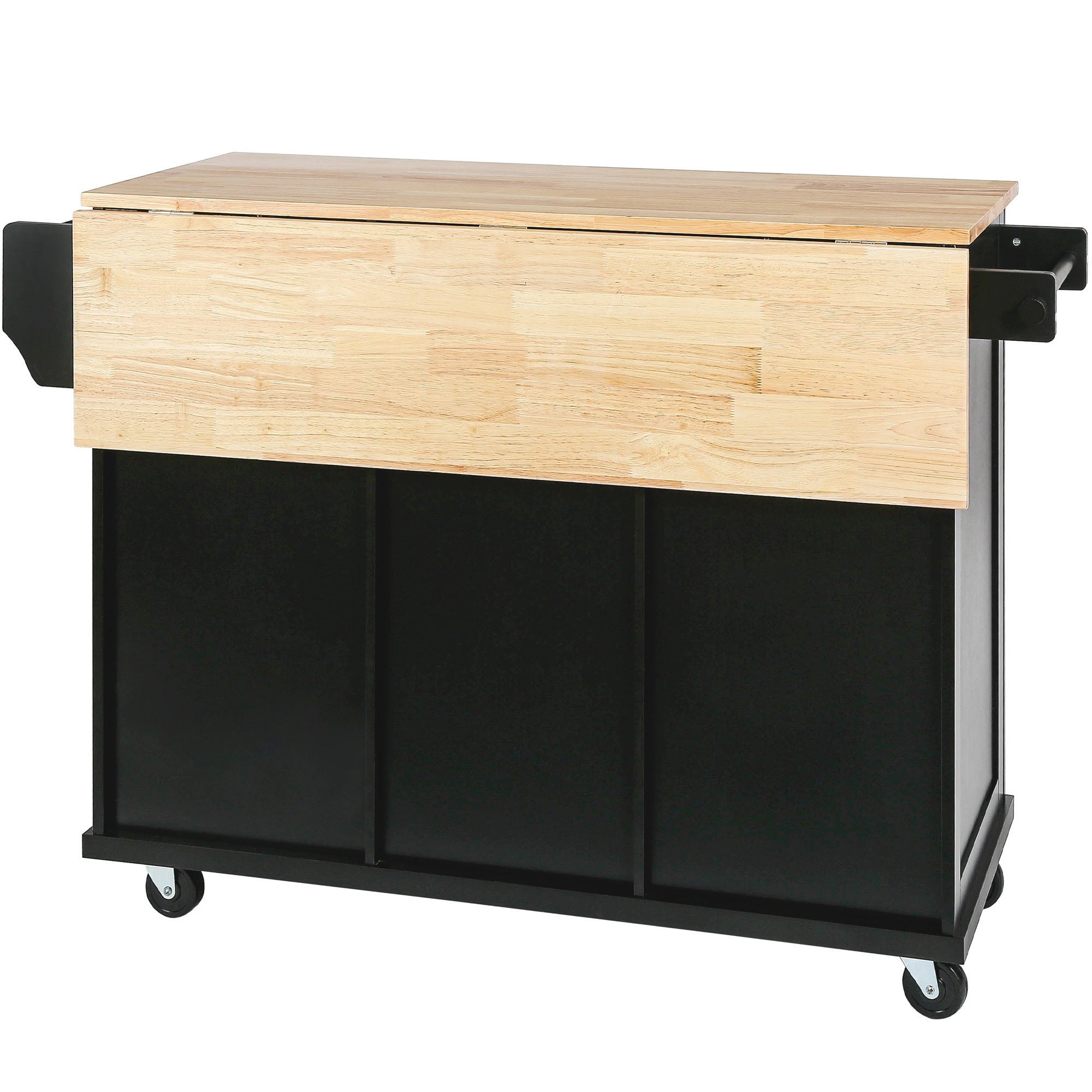 HAOYYE Kitchen Cart with Rubberwood Drop-Leaf Countertop, Internal Storage Racks, 5-Wheel Kitchen Island with Storage Cabinet and 3 Drawers, Black, Sturdy Space-Saving Design, Durable and Stylish Home Furniture
