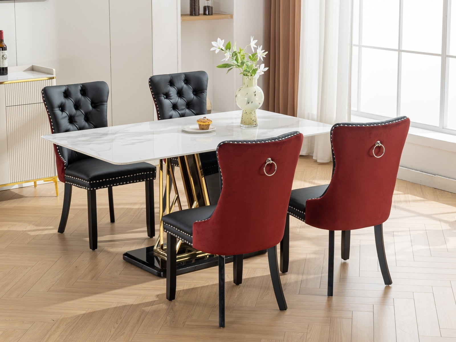 HAOYYE Nikki Collection Modern, High-end Tufted Solid Wood Contemporary PU and Velvet Upholstered Dining Chair with Wood Legs Nailhead Trim 2-Pcs Set, Black+WineRed, Burgundy,SW2101BW Sturdy