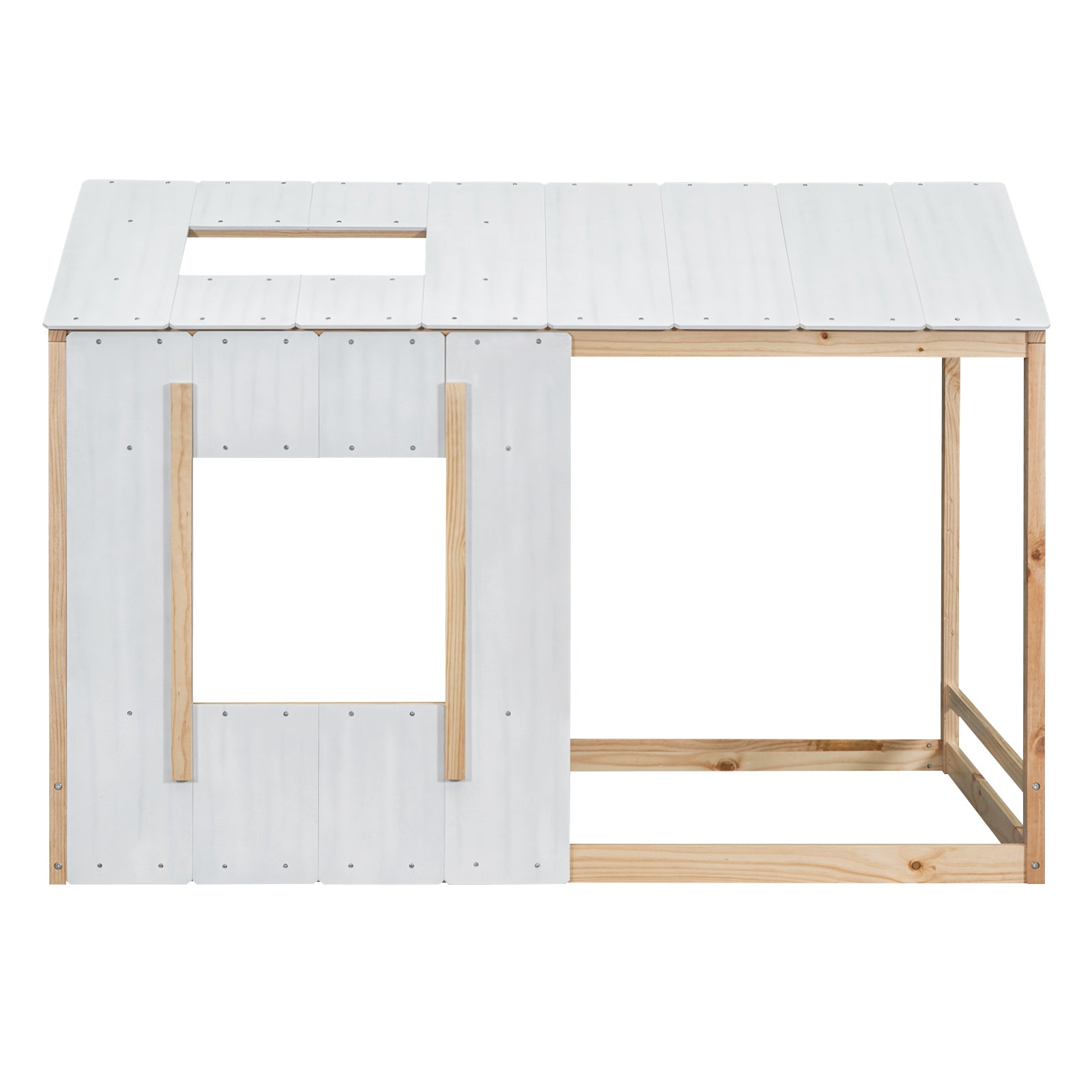 HAOYYE Twin Size House Platform with Roof and Window , White+Natural Sturdy Space-Saving Heavy Duty Modern Design Easy Assembly Durable Stylish Home Furniture Versatile