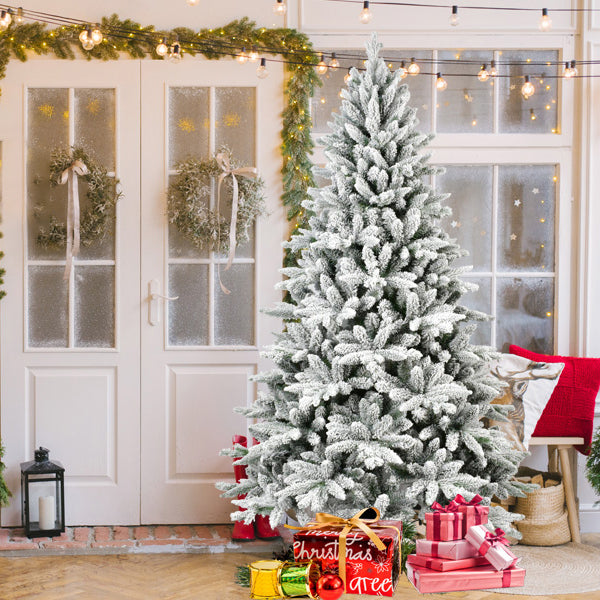 HAOYYE 7FT PE & PVC Flocked Artificial Christmas Tree ,With 1514 branch tips and metal stand,Foldable Fake Tree with Realistic Snowy Foliage for Home Decoration Sturdy Space-Saving Heavy Duty Modern Design